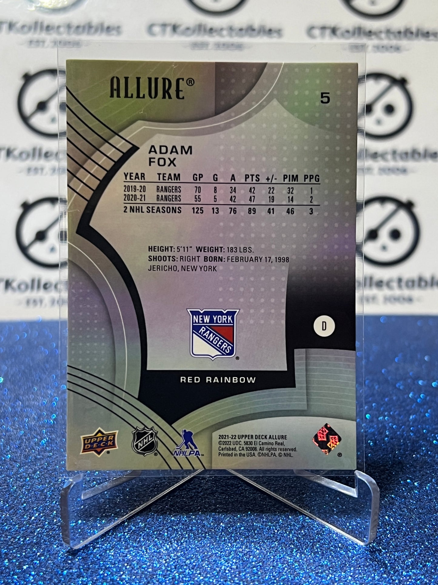2021-22 UPPER DECK ALLURE ADAM FOX  # 5 RAINBOW NY RANGERS HOCKEY CARD