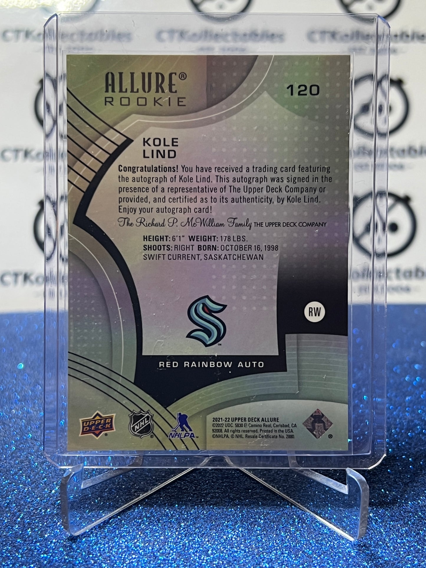 2021-22 UPPER DECK ALLURE KOLE LIND # 120 RC RED RAINBOW AUTO SEATTLE KRAKEN NHL HOCKEY TRADING CARD