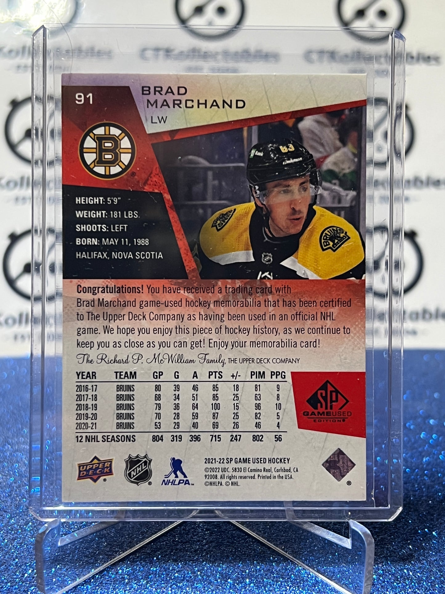 2021-22 UPPER DECK SP BRAD MARCHAND # 91 GAME USED JERSEY PATCH BOSTON BRUINS HOCKEY CARD