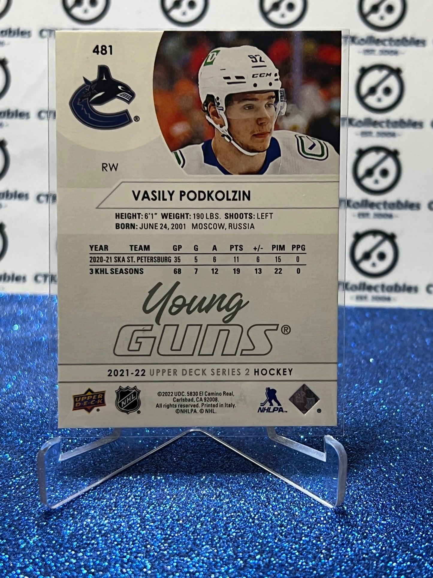 2021-22 UPPER DECK VASILY PODKOLZIN # 481 YOUNG GUNS ROOKIE VANCOUVER CANUCKS HOCKEY CARD