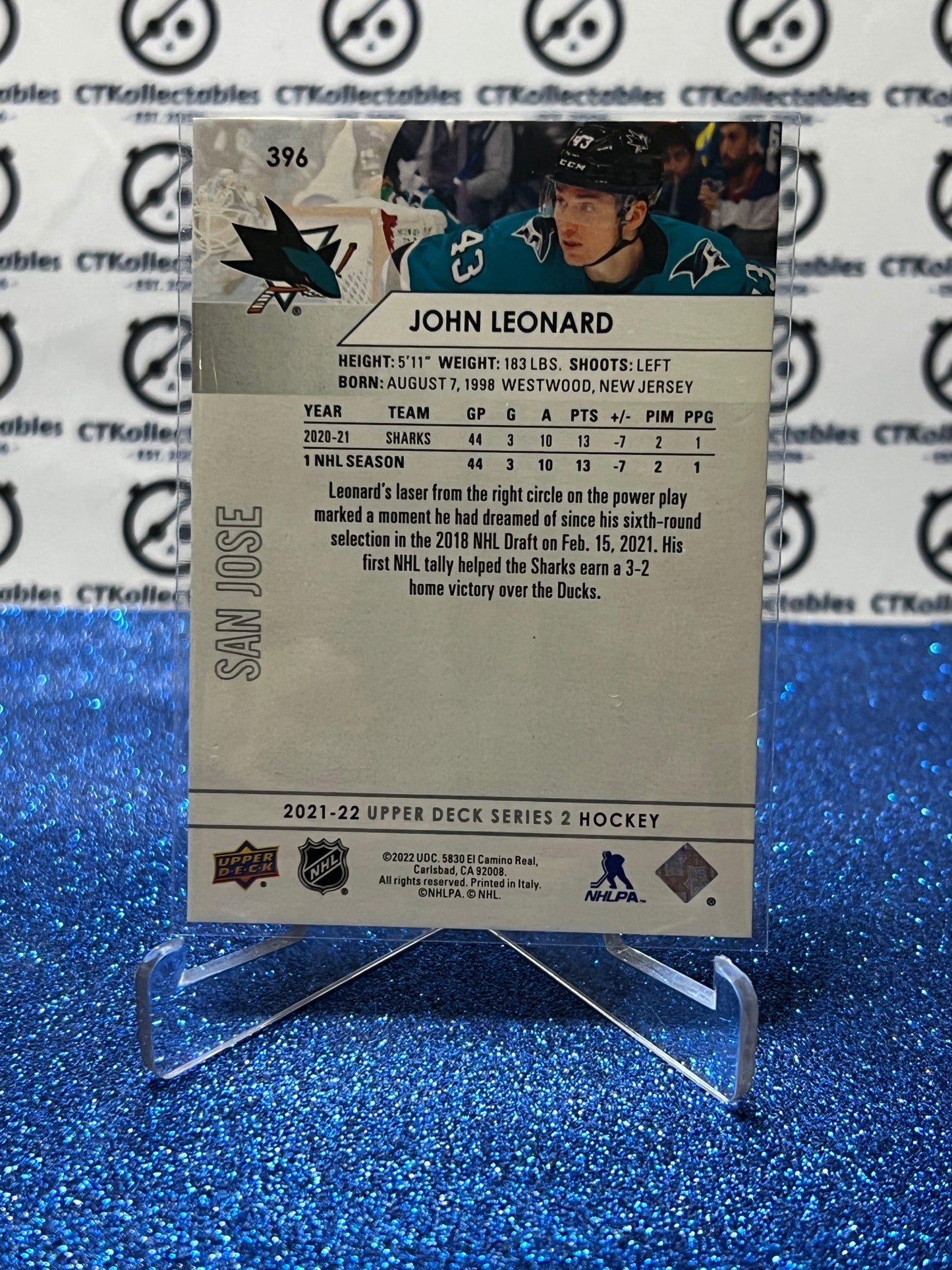 2021-22 UPPER DECK JOHN LEONARD # 396 ROOKIE SAN JOSE SHARKS HOCKEY CARD