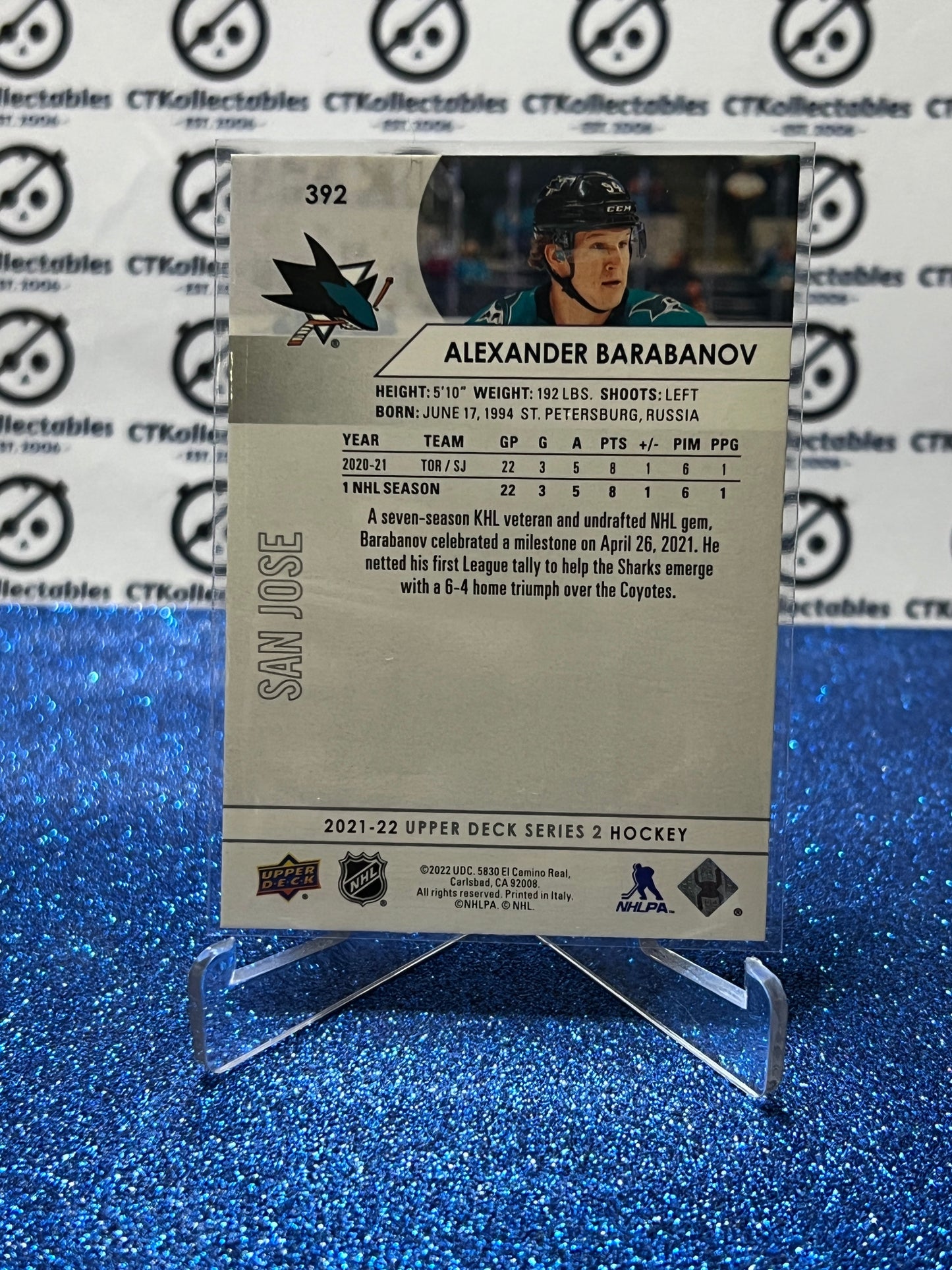 2021-22 UPPER DECK ALEXANDER BARABANOV # 392 ROOKIE SAN JOSE SHARKS HOCKEY CARD