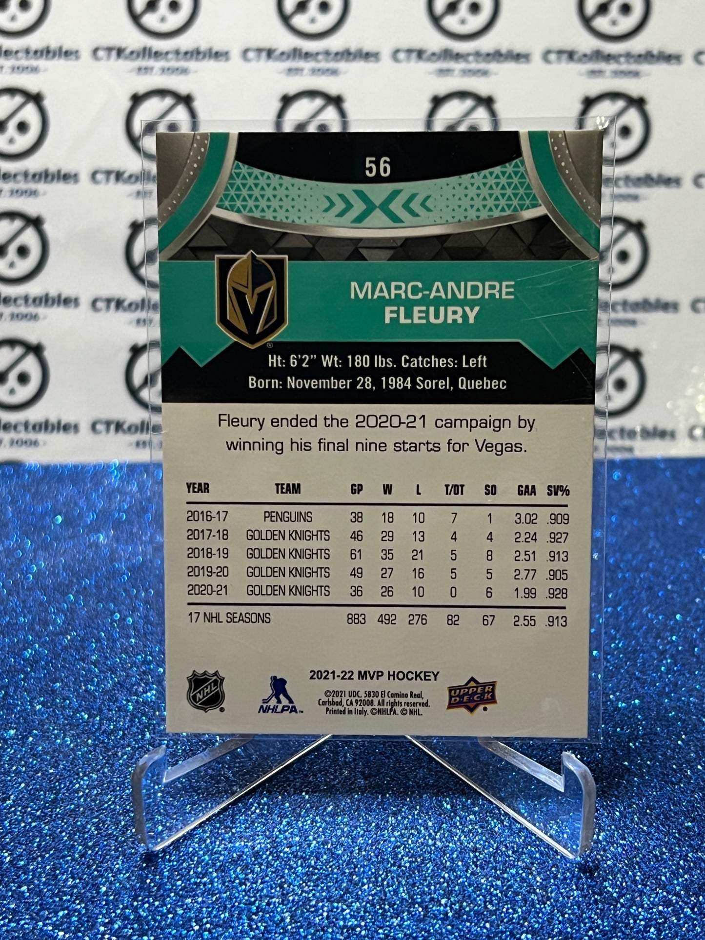 2021-22 UPPER DECK MVP MARC-ANDRE FLEURY # 56 VEGAS GOLDEN KNIGHTS HOCKEY CARD