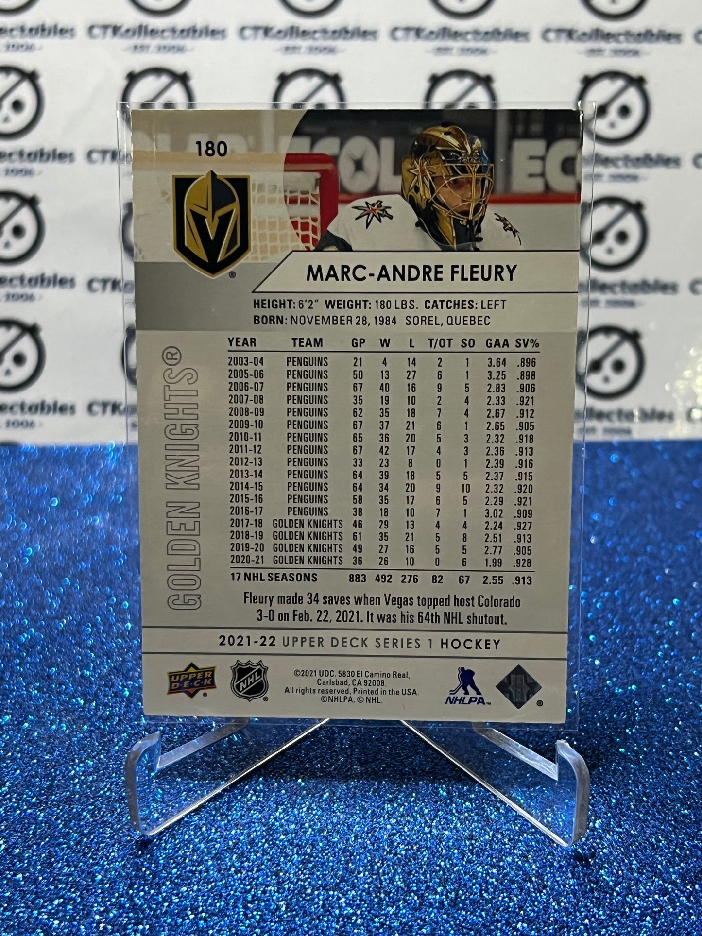 2021-22 UPPER DECK MARC-ANDRE FLEURY # 180 VEGAS GOLDEN KNIGHTS HOCKEY CARD