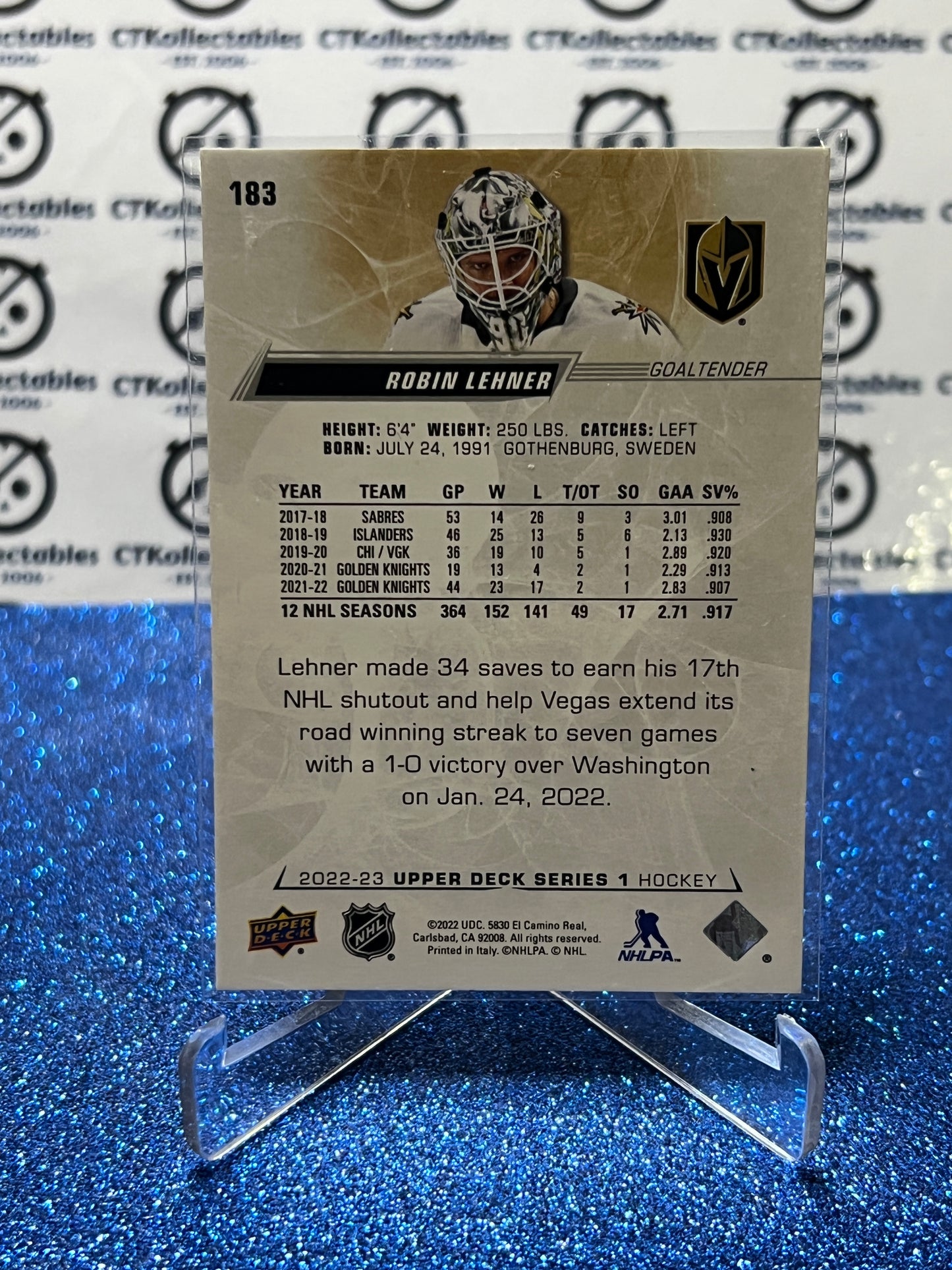 2022-23 UPPER DECK ROBIN LEHNER # 183 VEGAS GOLDEN KNIGHTS HOCKEY CARD