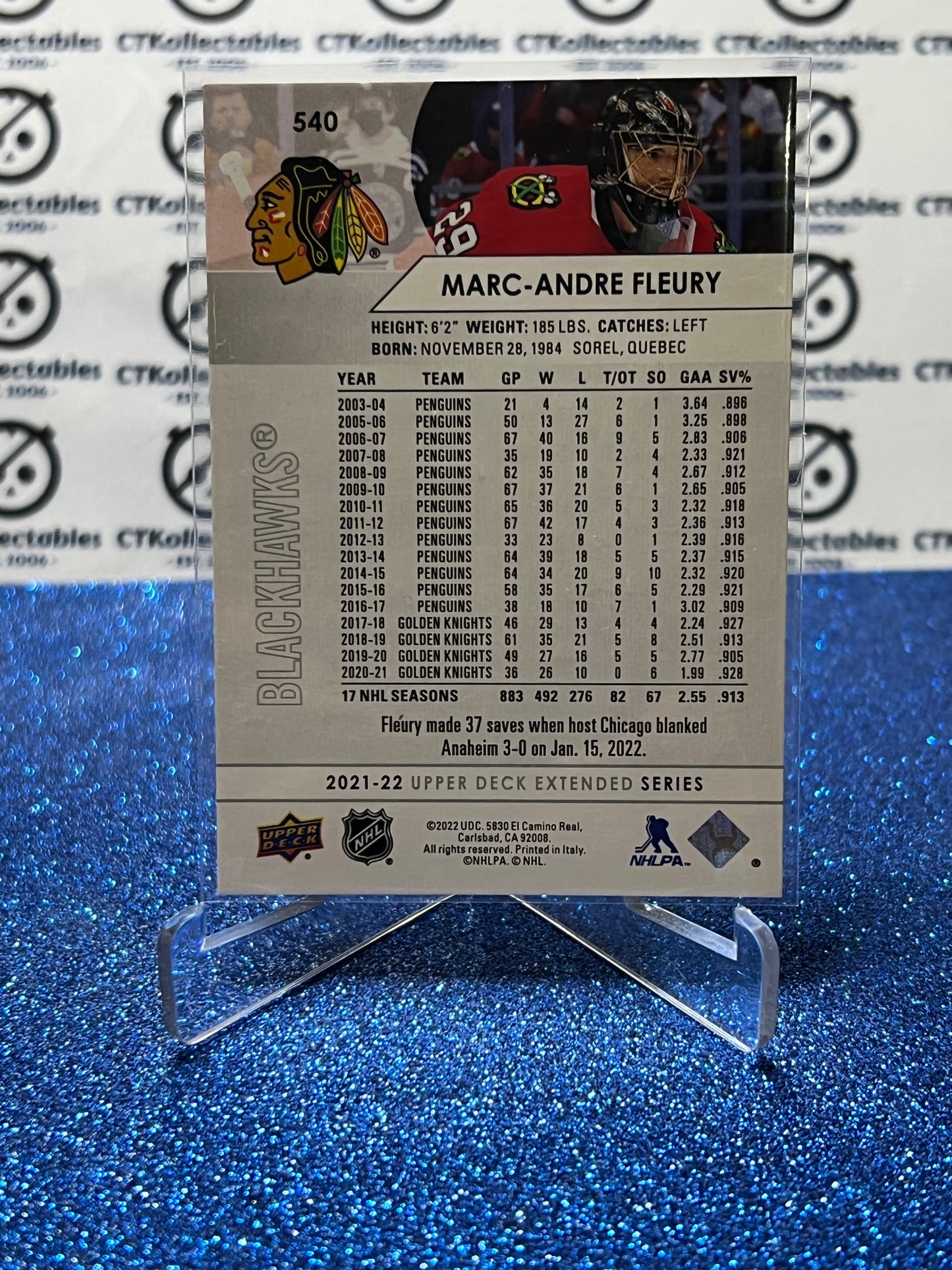 2021-22 UPPER DECK MARC-ANDRE FLEURY # 540 CHICAGO BLACKHAWKS HOCKEY CARD