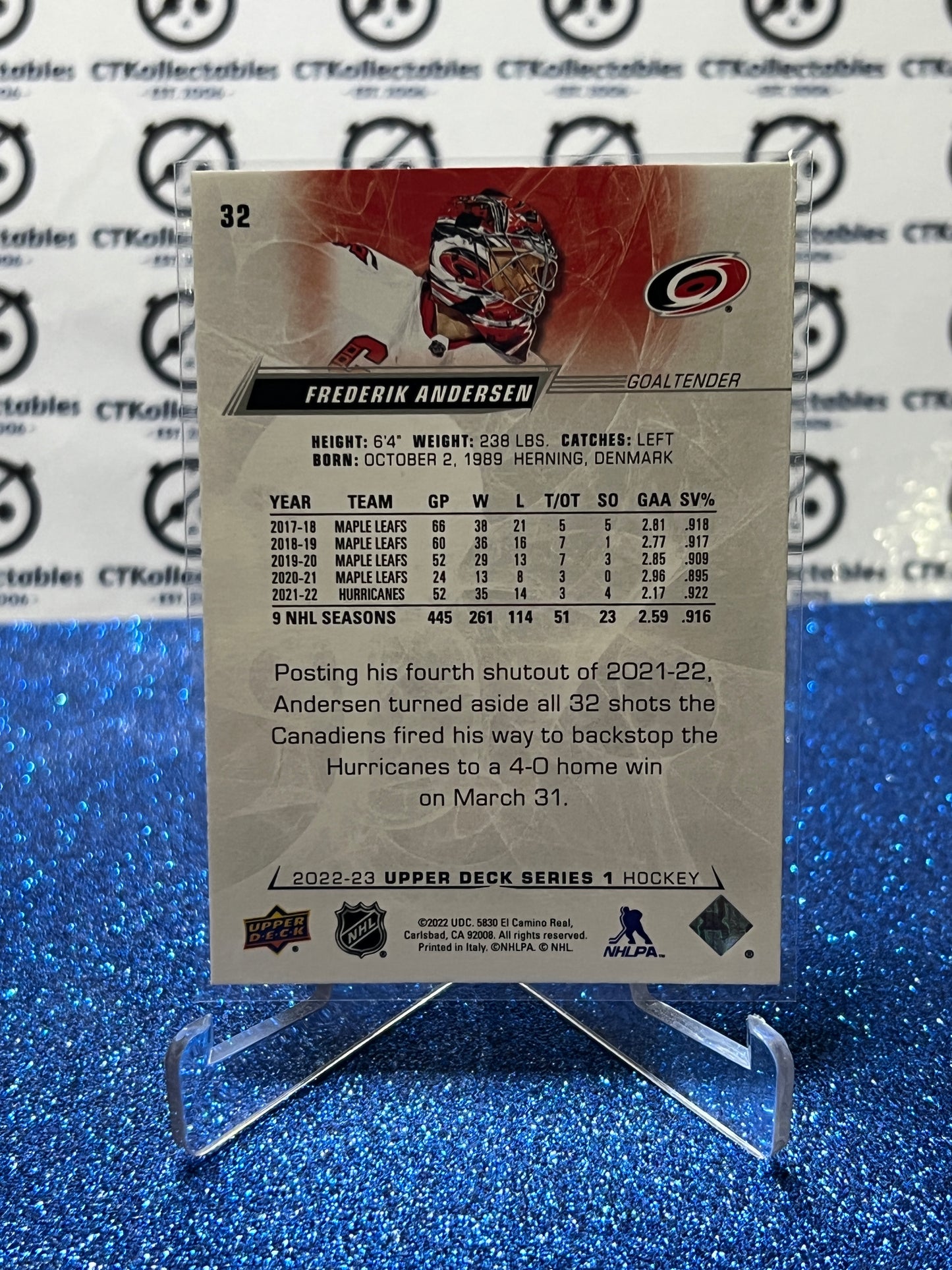 2022-23 UPPER DECK FREDERIK ANDERSEN # 32 CAROLINA HURRICANES HOCKEY CARD