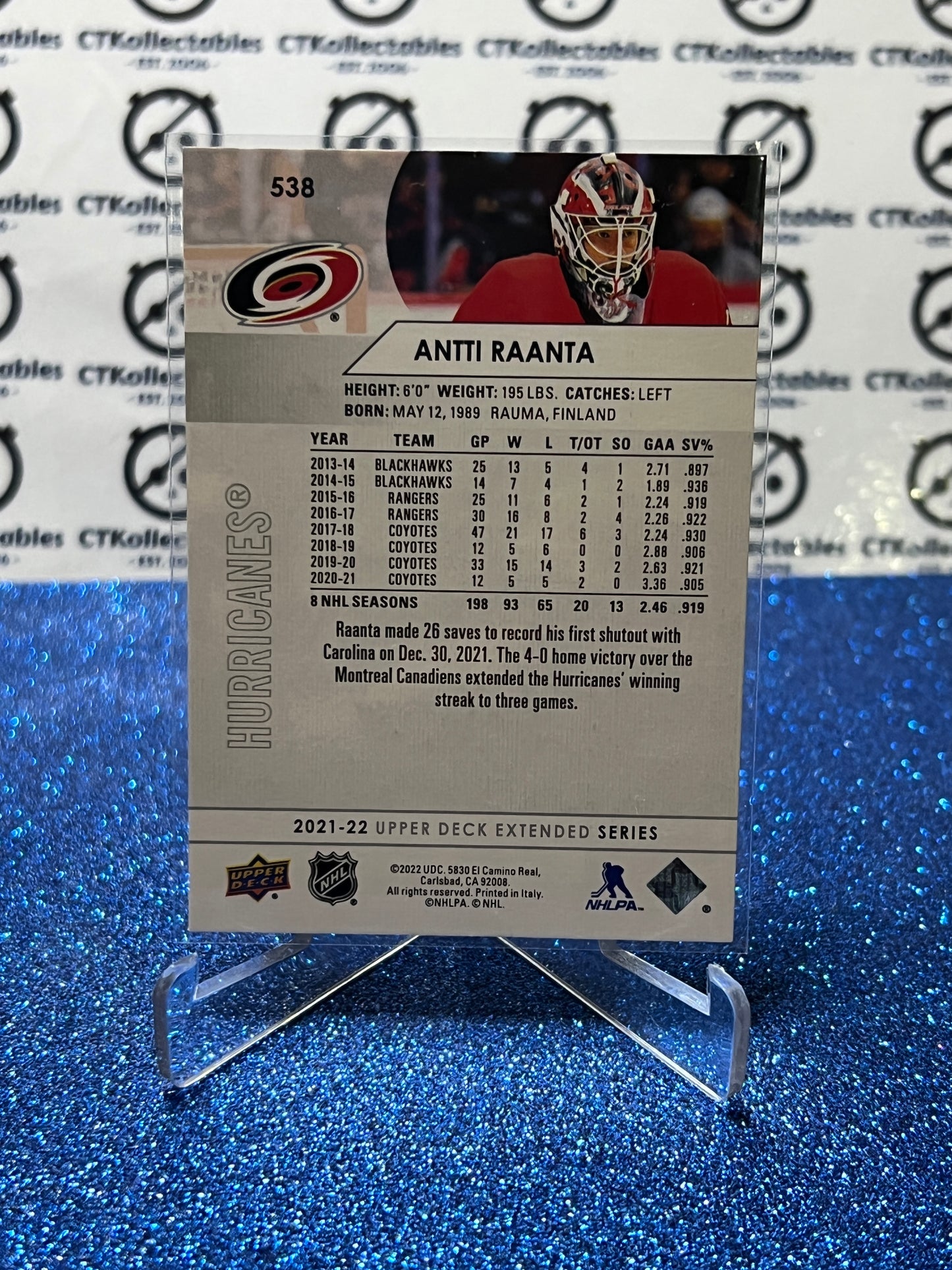 2021-22 UPPER DECK ANTTI RAANTA # 536 CAROLINA HURRICANES HOCKEY CARD