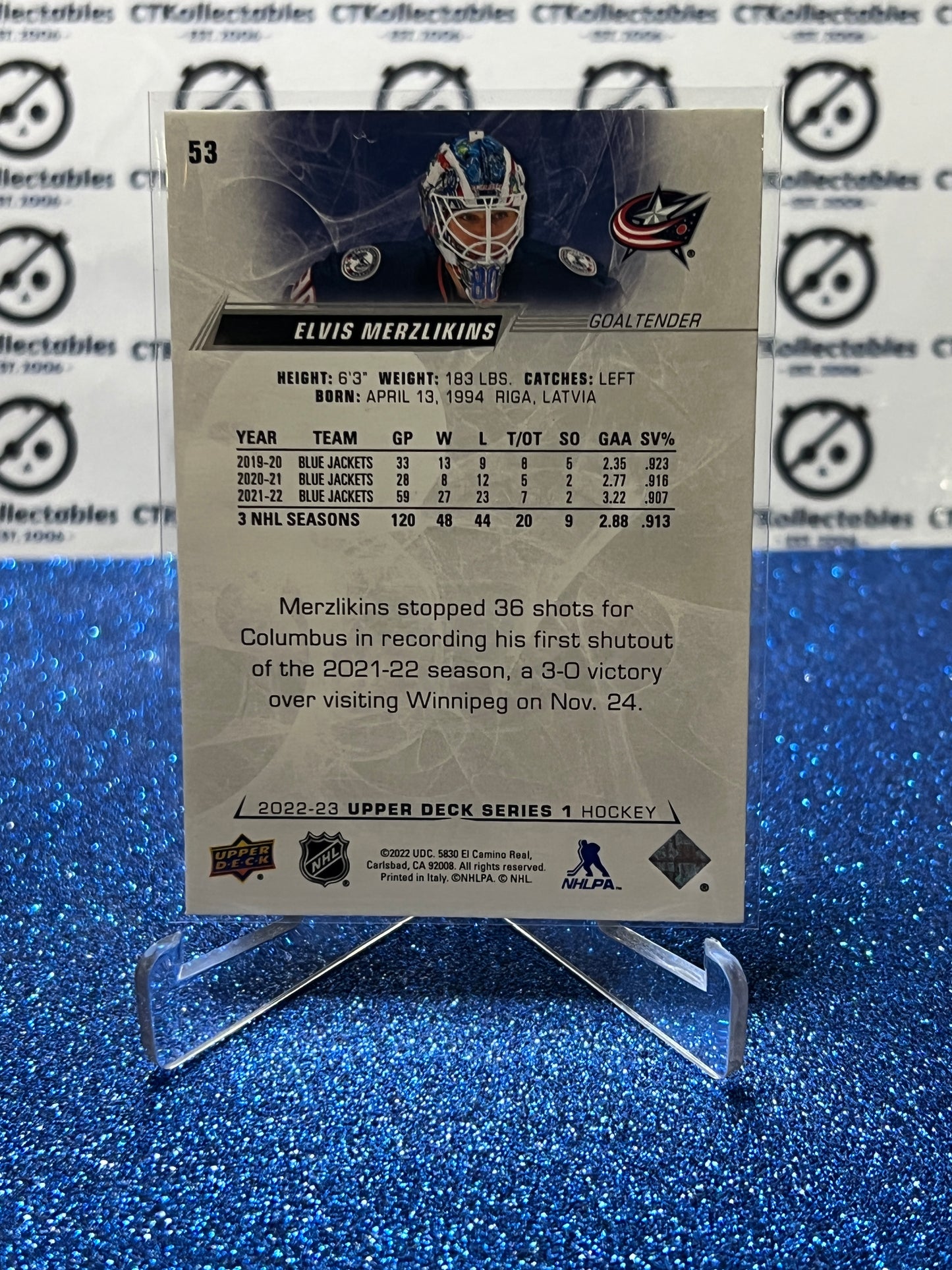 2022-23 UPPER DECK ELVIS MERZLIKINS # 53 COLUMBUS BLUE JACKETS HOCKEY CARD