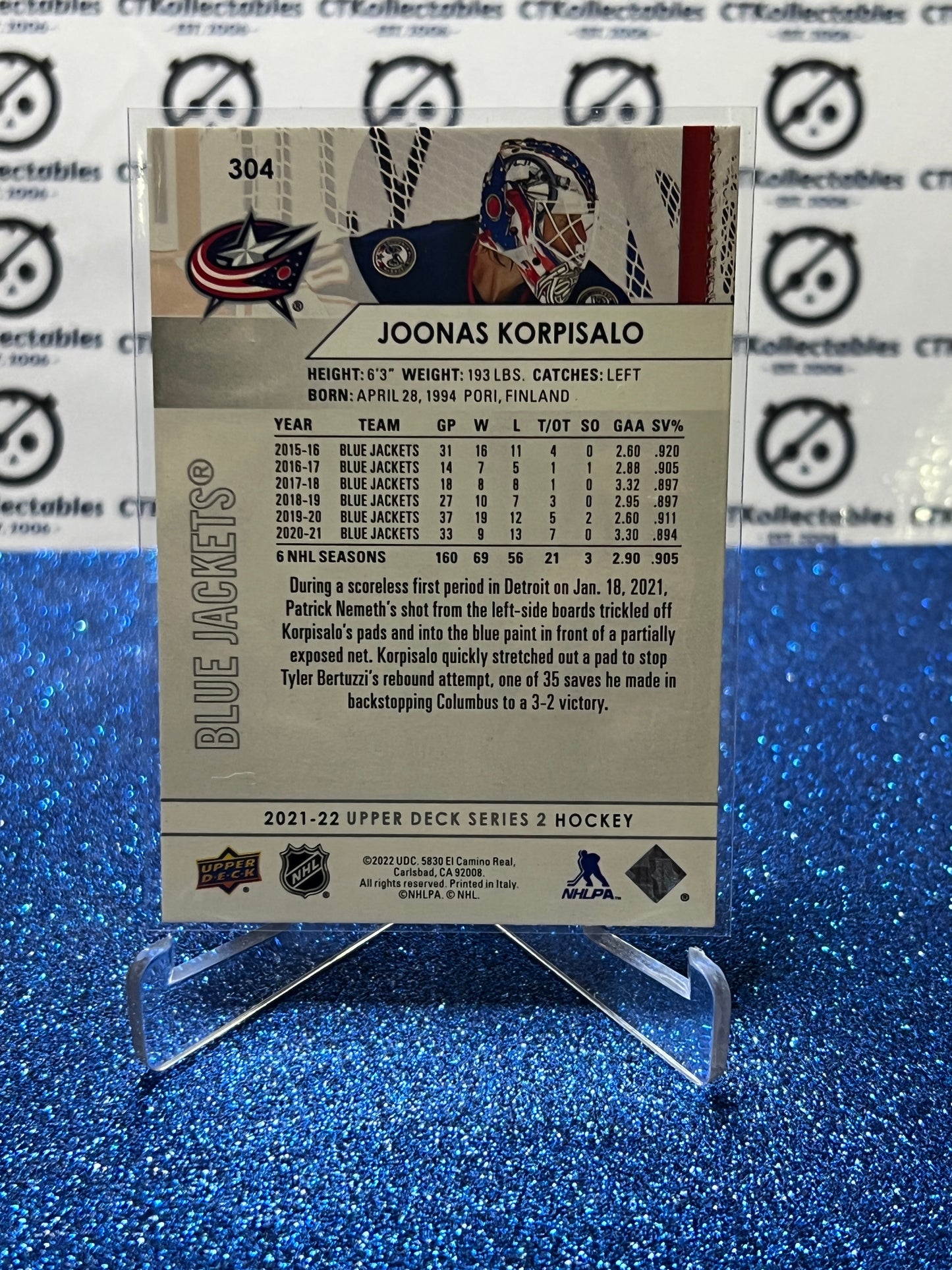 2021-22 UPPER DECK JOONAS KORPISALO # 304 COLUMBUS BLUE JACKETS HOCKEY CARD