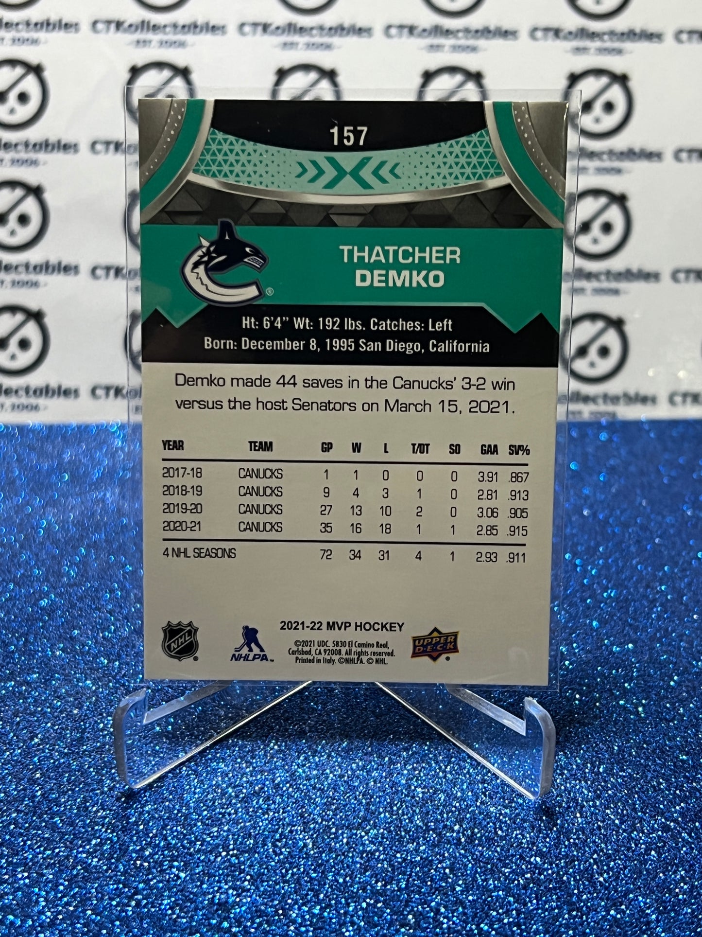 2021-22 UPPER DECK MVP THATCHER DEMKO # 157 VANCOUVER CANUCKS HOCKEY NHL CARD