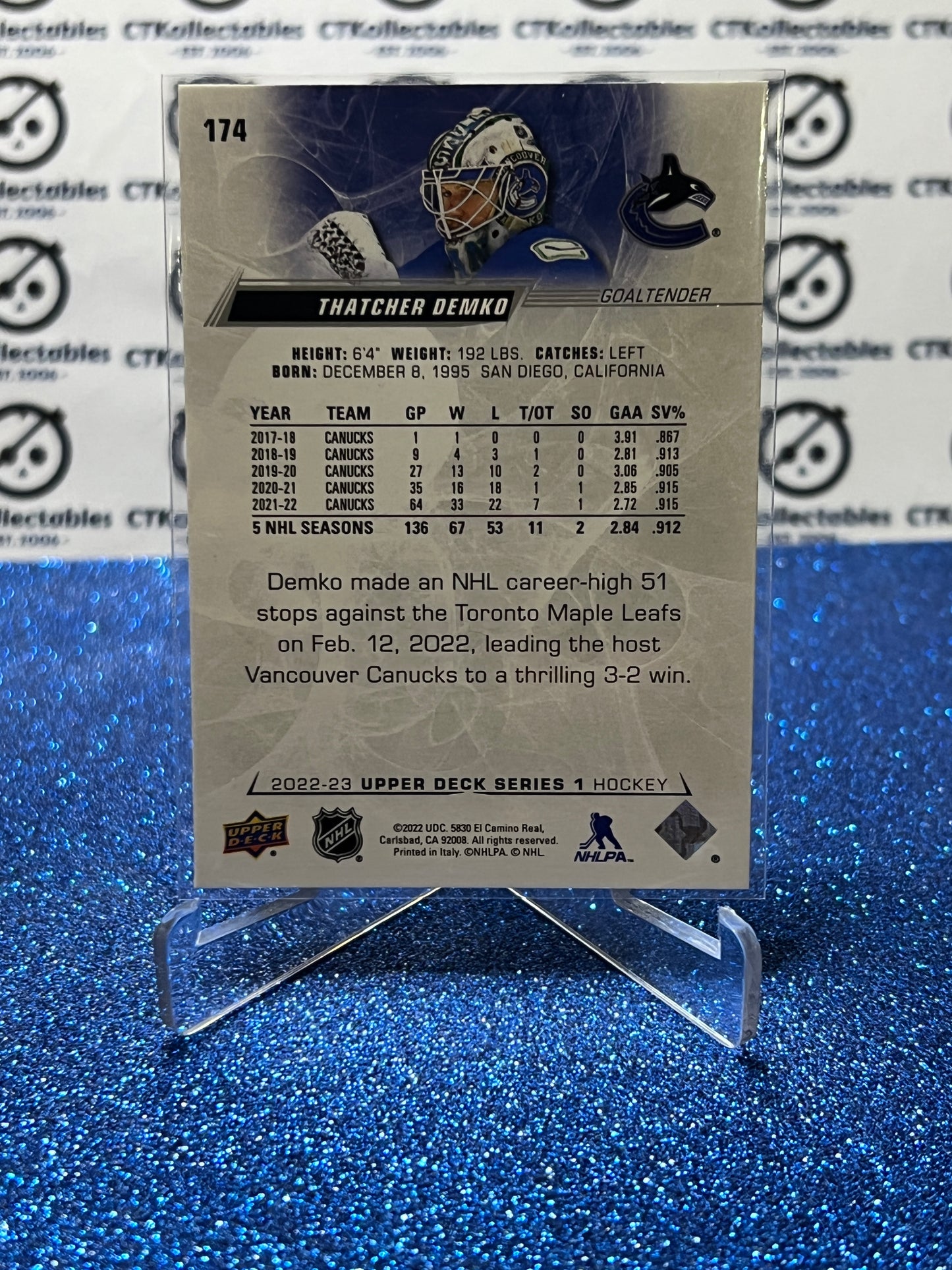 2022-23 UPPER DECK THATCHER DEMKO # 174 VANCOUVER CANUCKS HOCKEY CARD