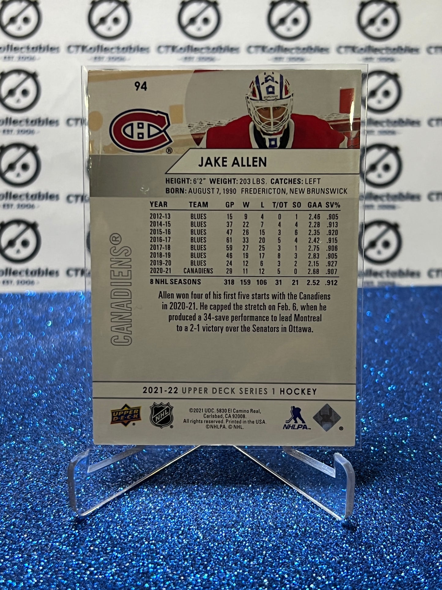 2021-22 UPPER DECK JAKE ALLEN # 94 MONTREAL CANADIENS HOCKEY CARD