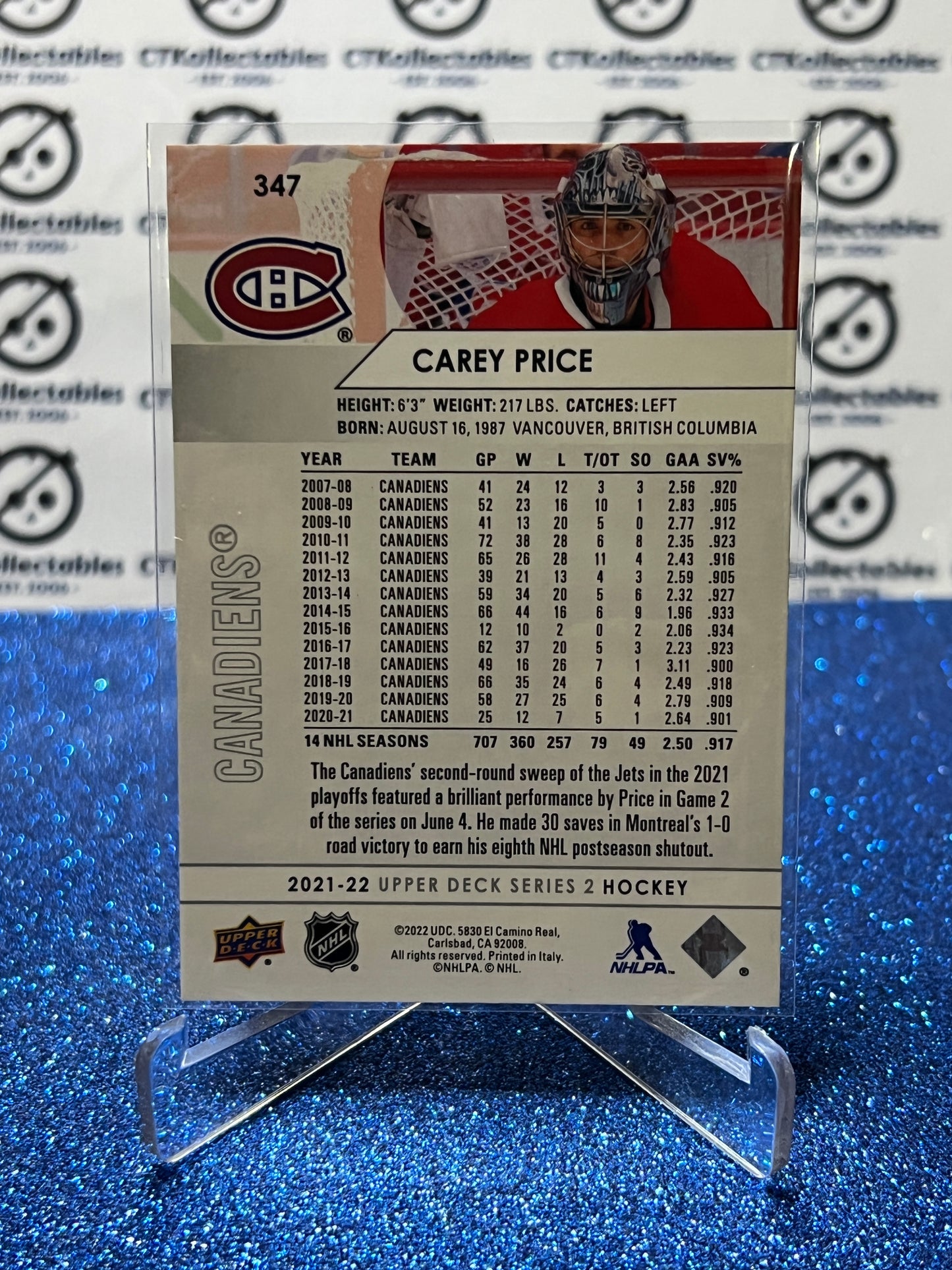 2021-22 UPPER DECK CAREY PRICE # 347 MONTREAL CANADIENS HOCKEY NHL CARD