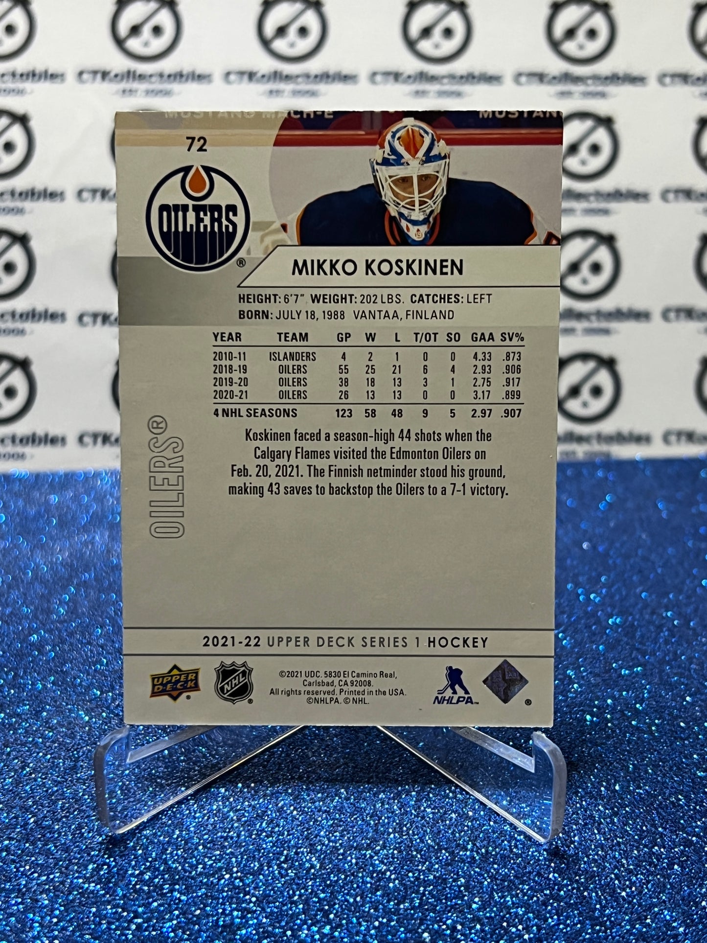 2021-22 UPPER DECK MIKKO KOSKINEN # 72 EDMONTON OILERS HOCKEY NHL CARD