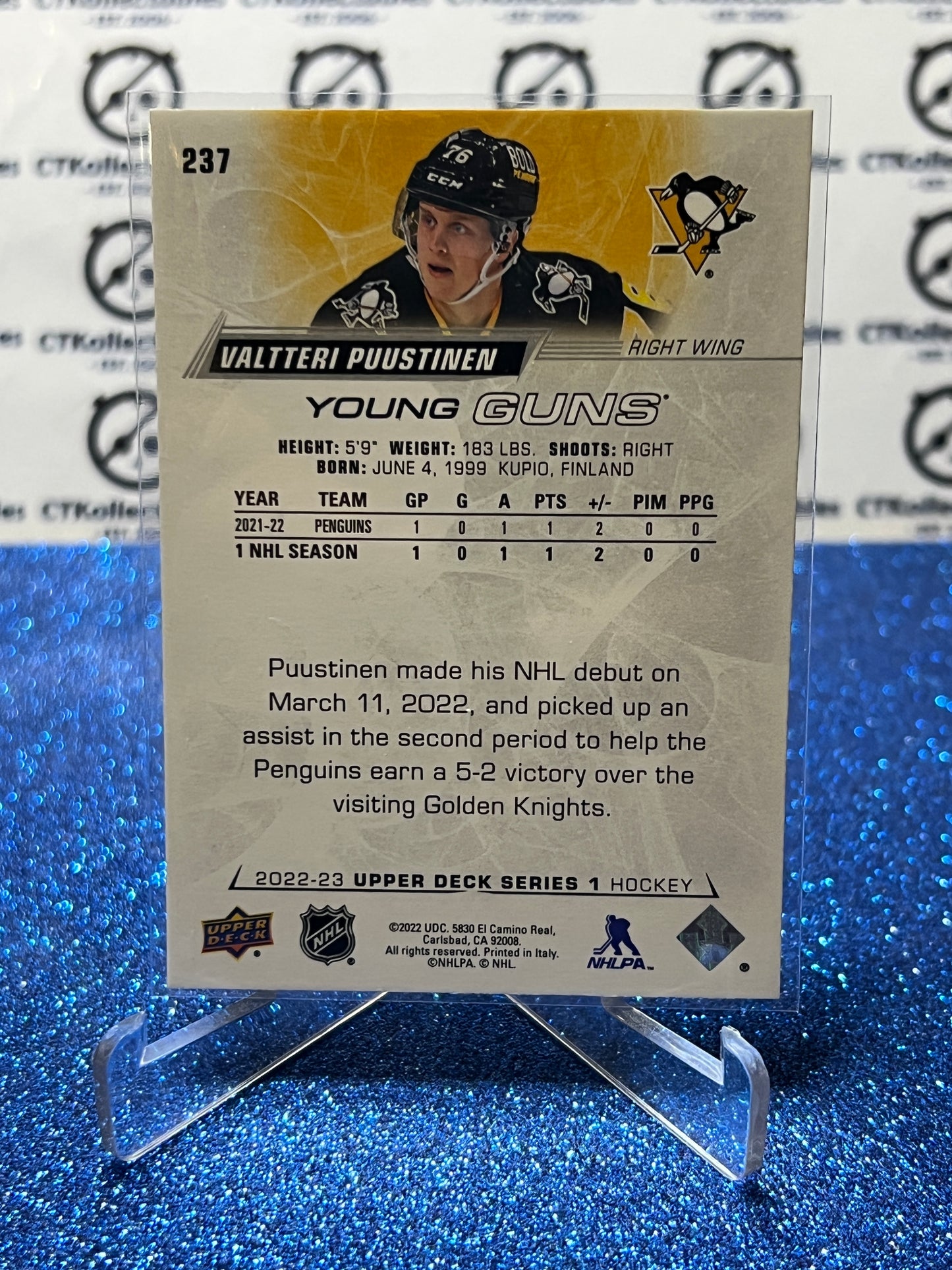 2022-23 UPPER DECK VALTTERI PUUSTINEN # 237 ROOKIE YOUNG GUNS PITTSBURGH PENGUINS HOCKEY NHL CARD