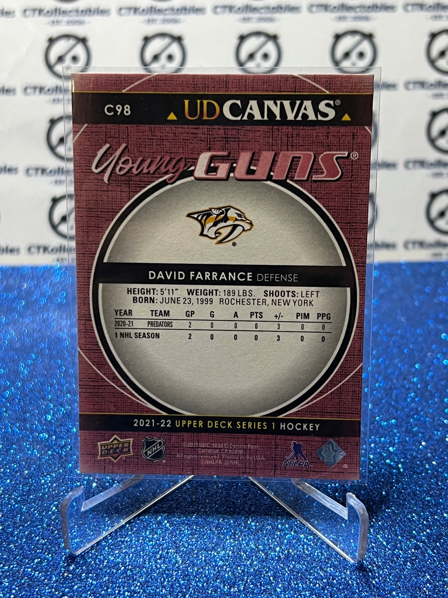 2021-22 UPPER DECK DAVID FARRANCE # C98 UD CANVAS YOUNG GUNS ROOKIE NASHVILLE PREDATORS HOCKEY CARD