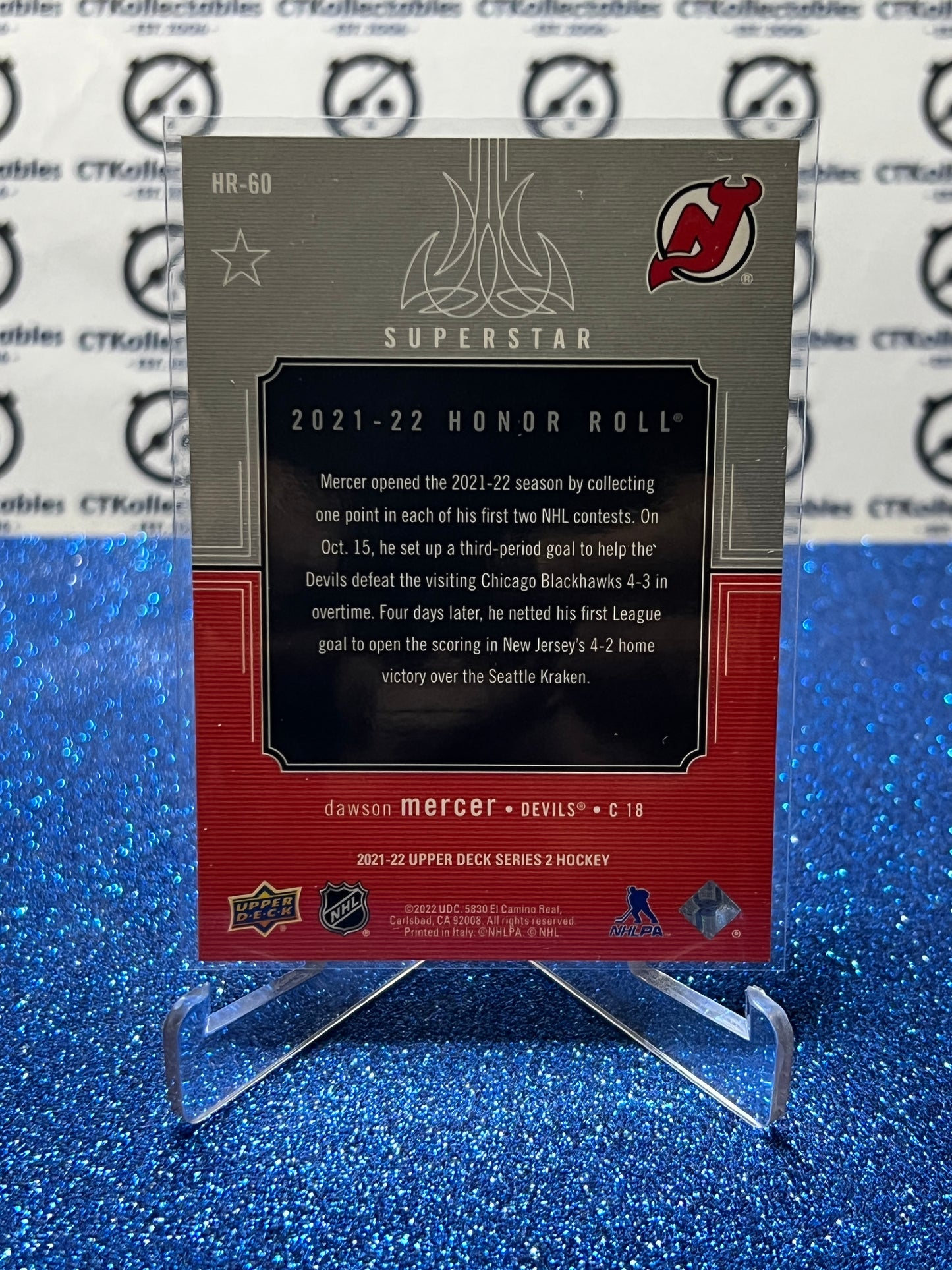 2021-22 UPPER DECK DAWSON MERCER # HR-60 ROOKIE NEW JERSEY DEVILS  HOCKEY CARD