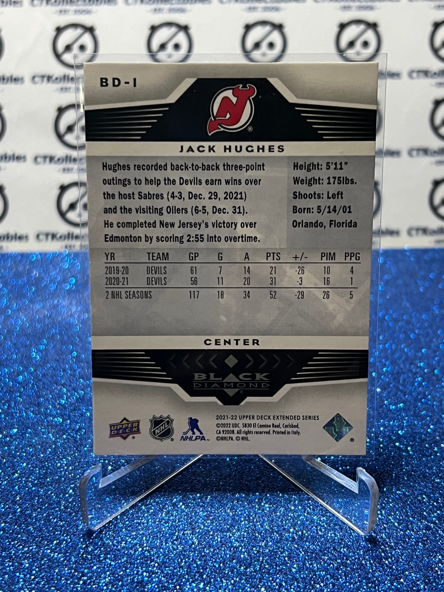 2021-22 UPPER DECK BLACK DIAMOND JACK HUGHES # BD-1   NEW JERSEY DEVILS  HOCKEY CARD