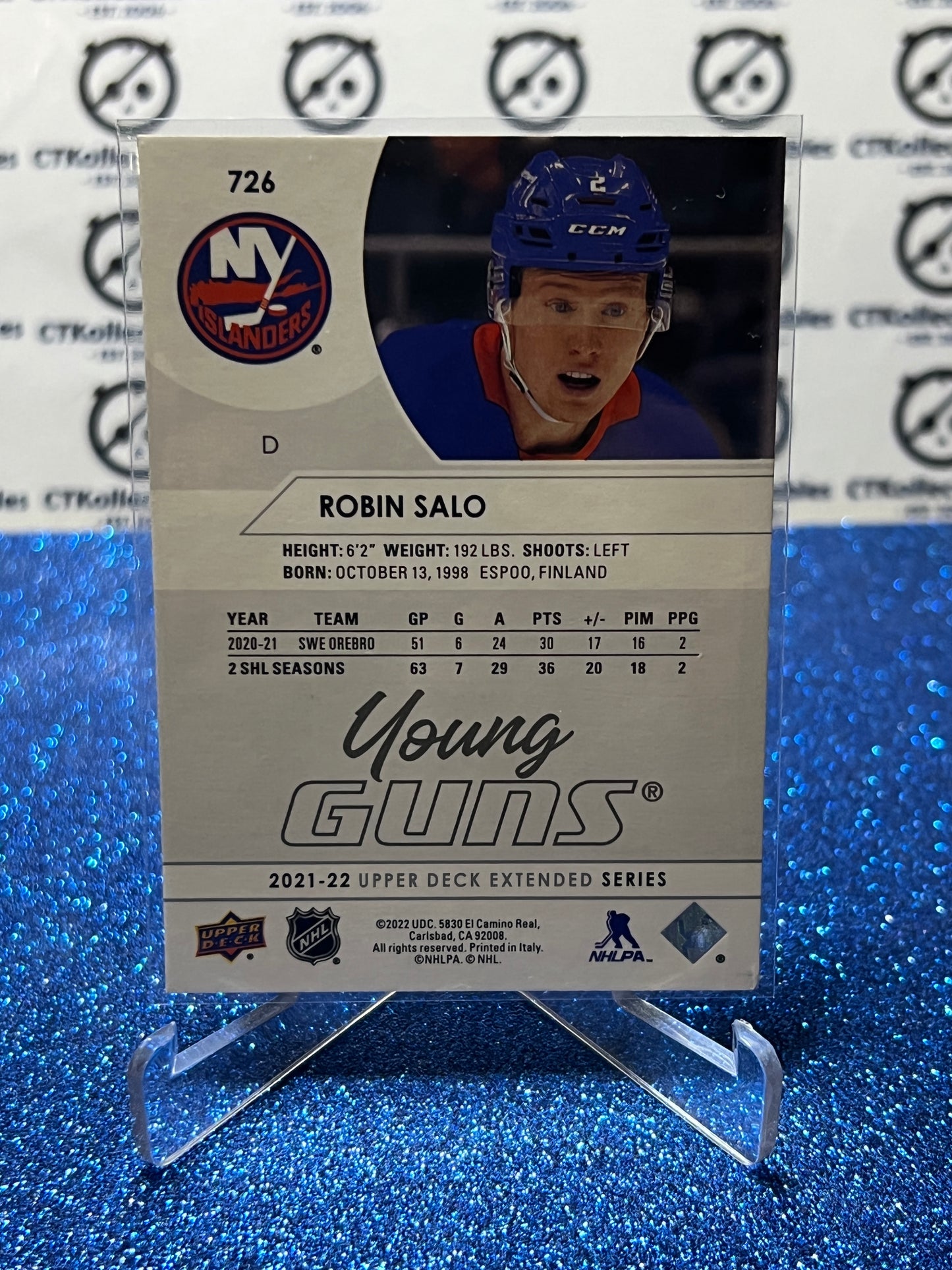 2021-22 UPPER DECK ROBIN SALO  # 726 ROOKIE YOUNG GUNS  NEW YORK ISLANDERS HOCKEY CARD