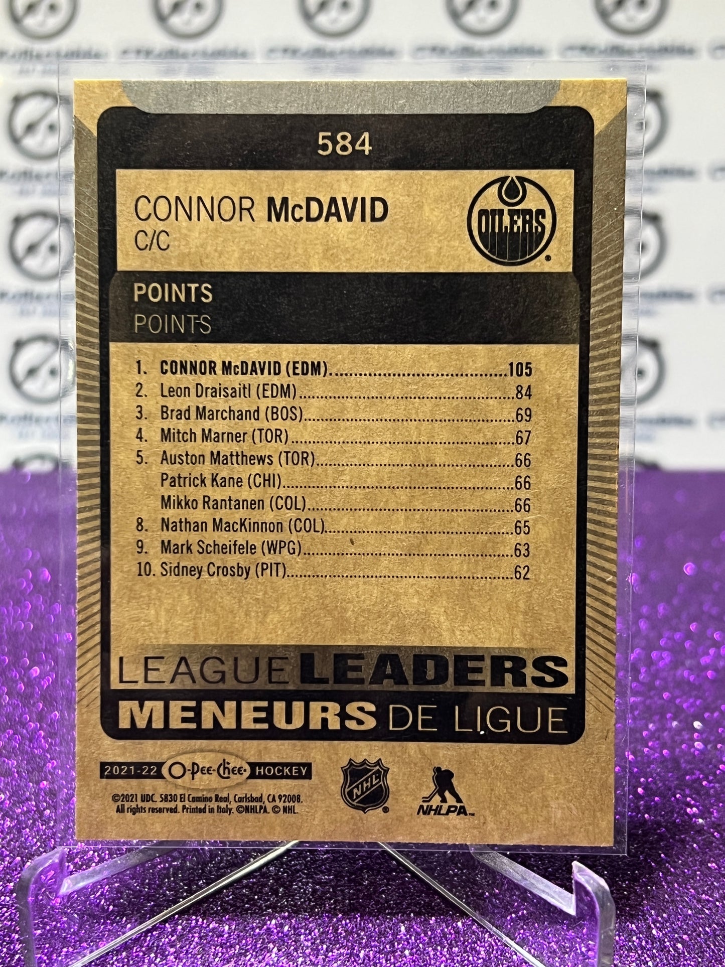 2021-22 O-PEE-CHEE CONNOR McDAVID # 584 LEAGUE LEADERS EDMONTON OILERS HOCKEY NHL CARD