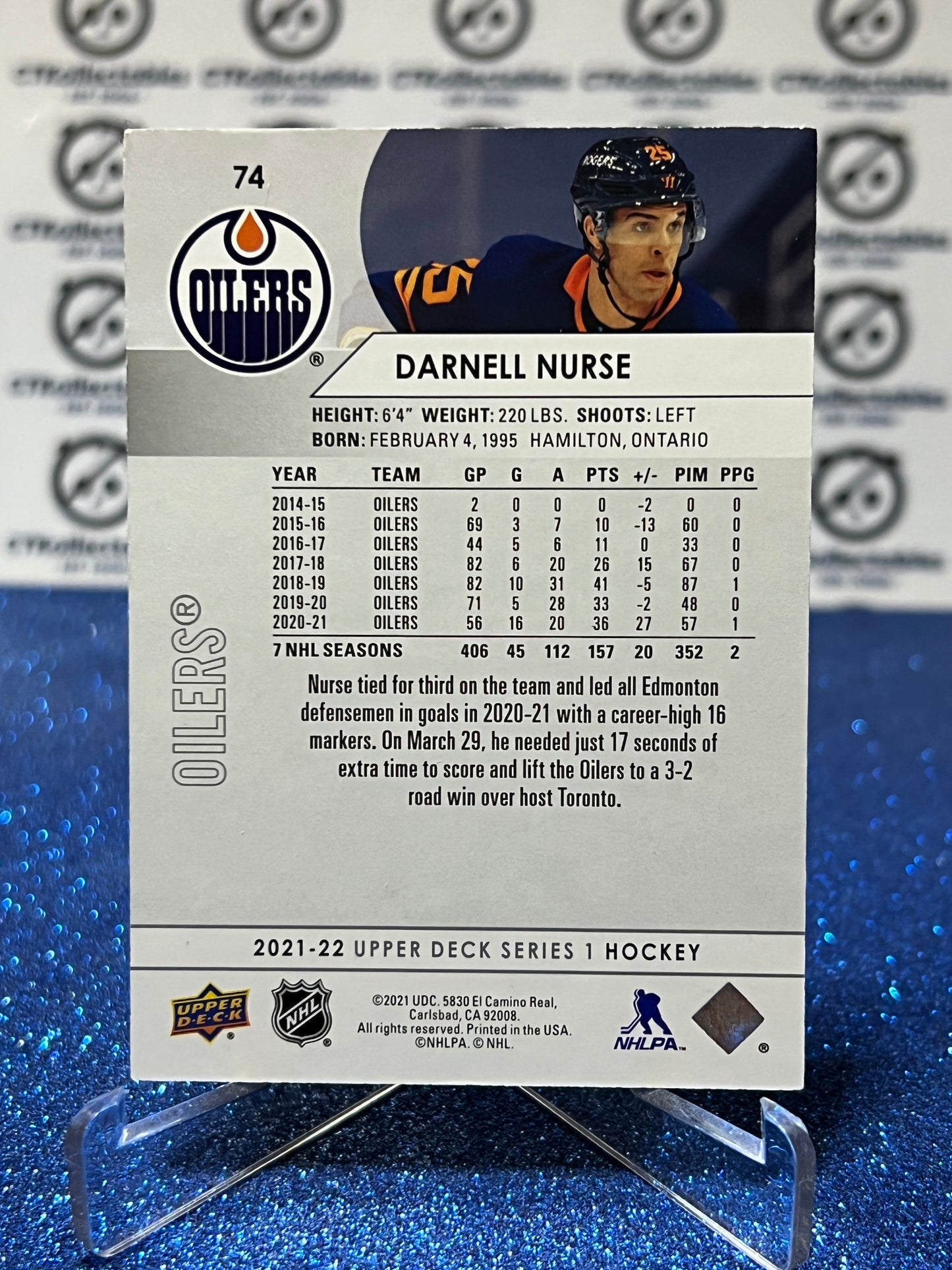 2021-22 UPPER DECK DARNELL NURSE # 74 EDMONTON OILERS HOCKEY NHL CARD