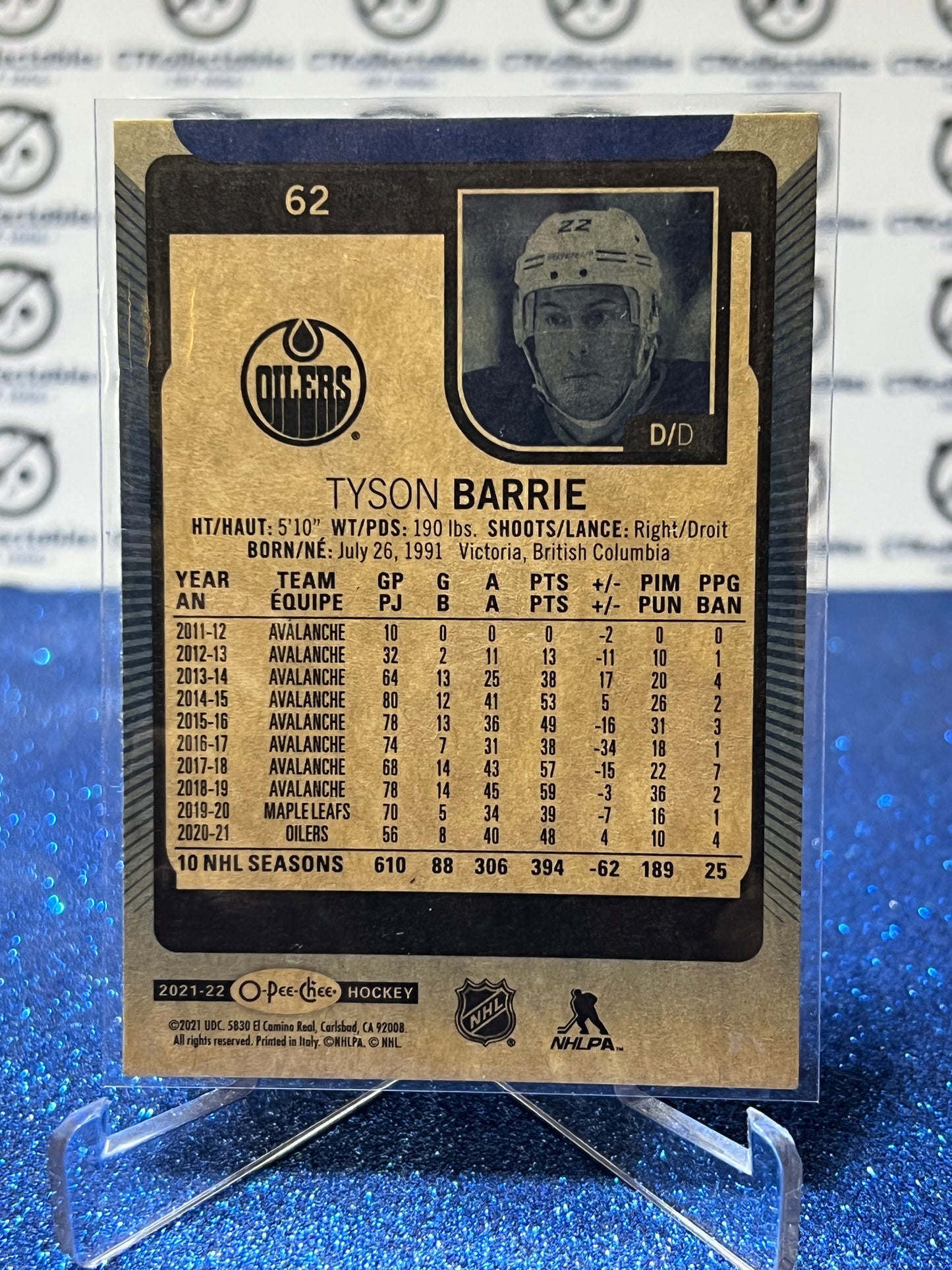 2021-22 O-PEE-CHEE TYSON BARRIE # 62 BLUE PARALLEL EDMONTON OILERS HOCKEY NHL CARD