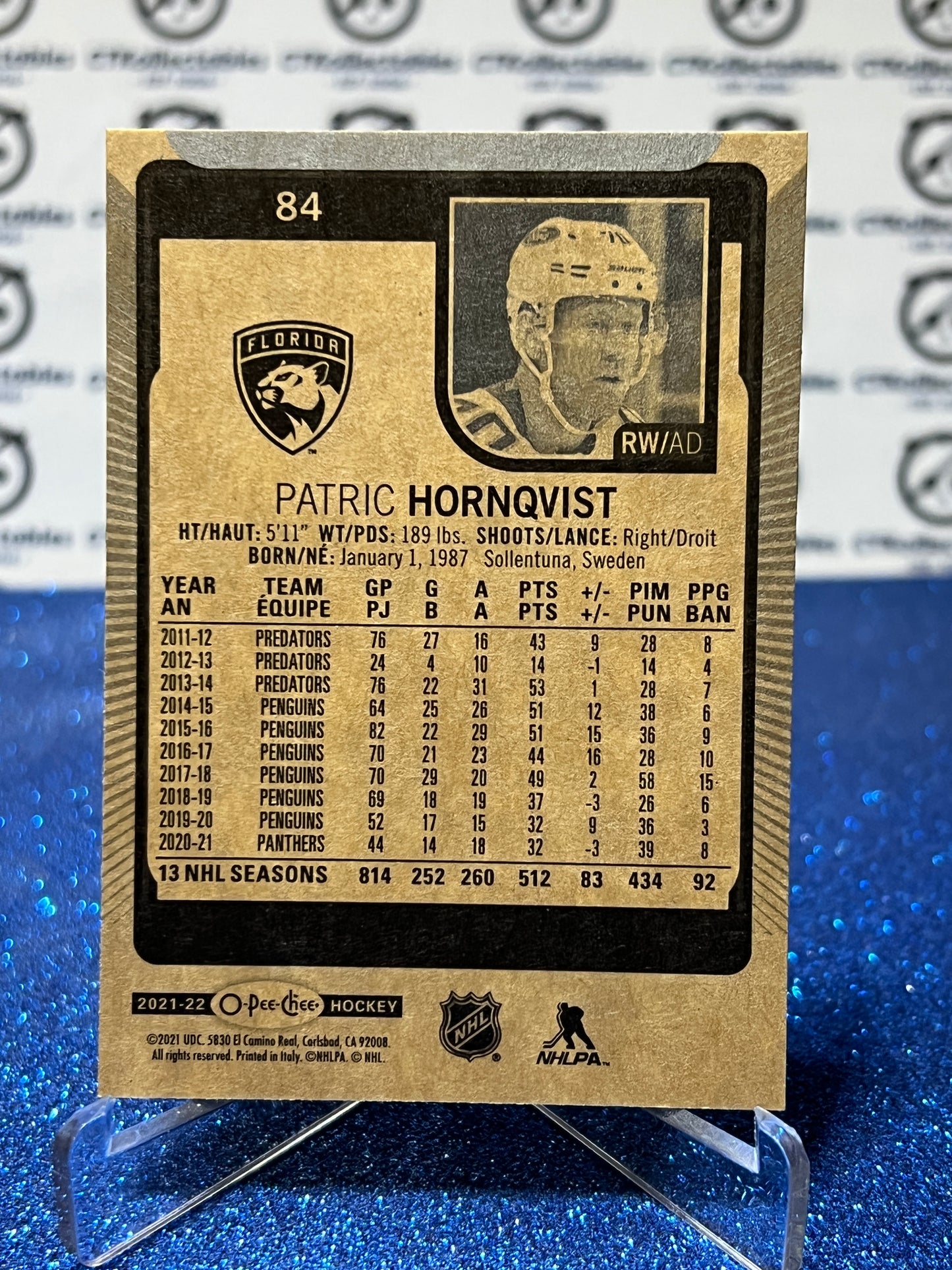 2021-22 O-PEE-CHEE PATRIC HORNQVIST # 84 FLORIDA PANTHERS NHL HOCKEY CARD
