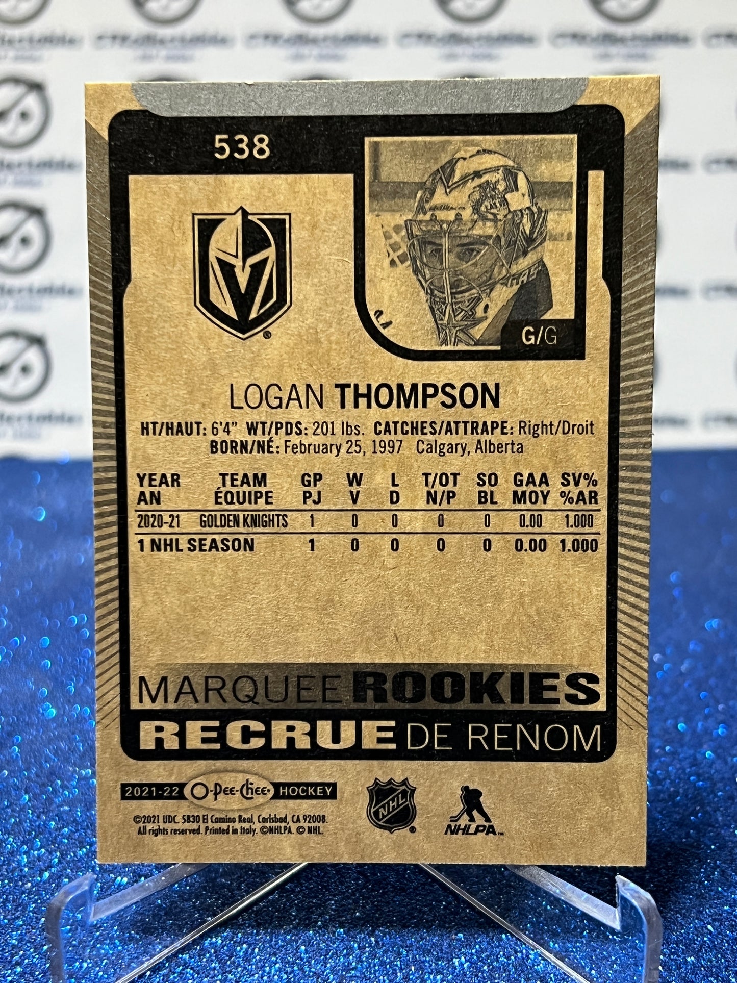 2021-22 O-PEE-CHEE LOGAN THOMPSON # 538  MARQUEE ROOKIE  NHL GOLDEN KNIGHTS HOCKEY CARD
