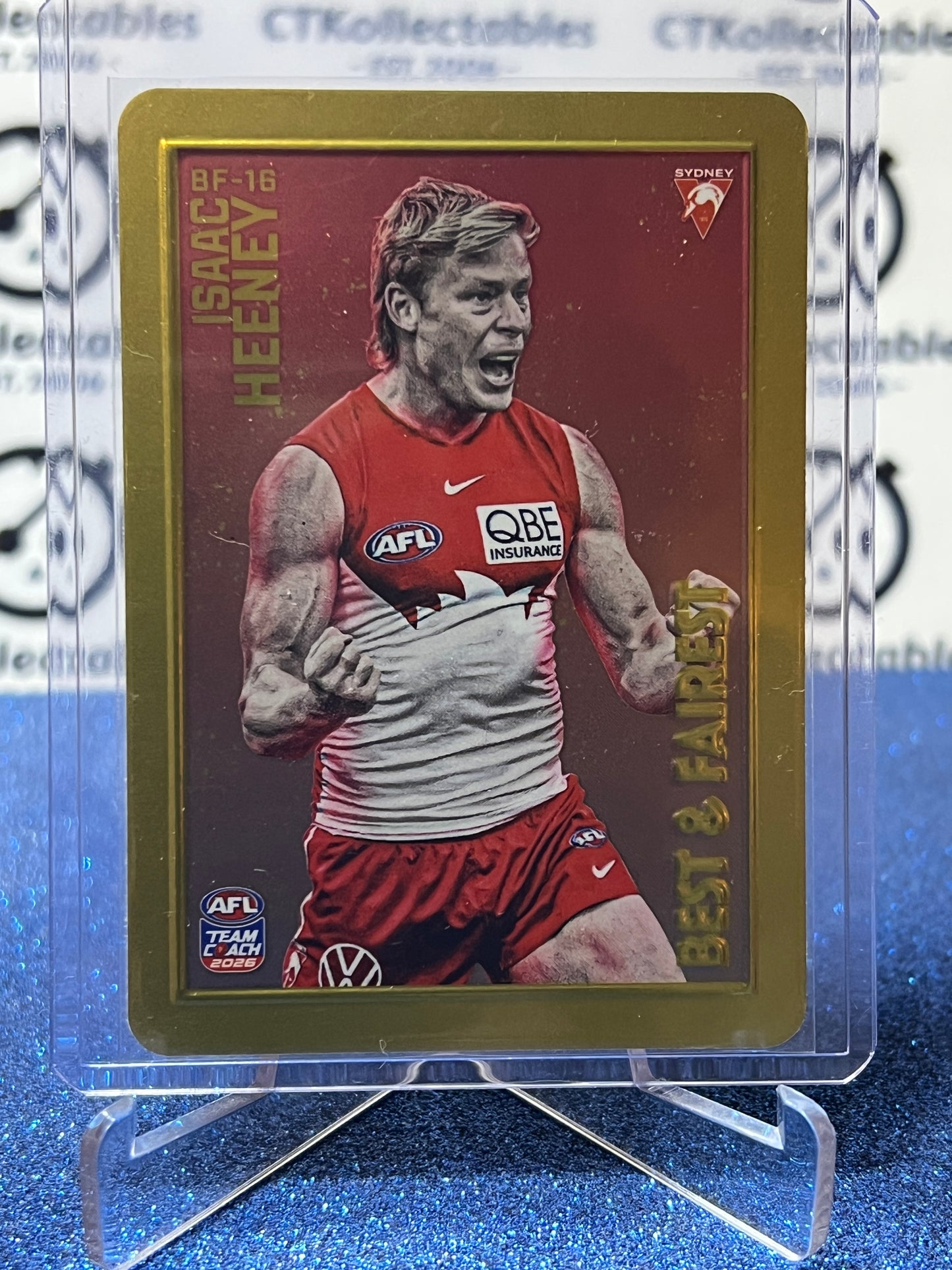 2026 AFL TEAMCOACH ISAAC HEENEY # BF-16 GOLD BEST & FAIREST SYDNEY SWANS CARD