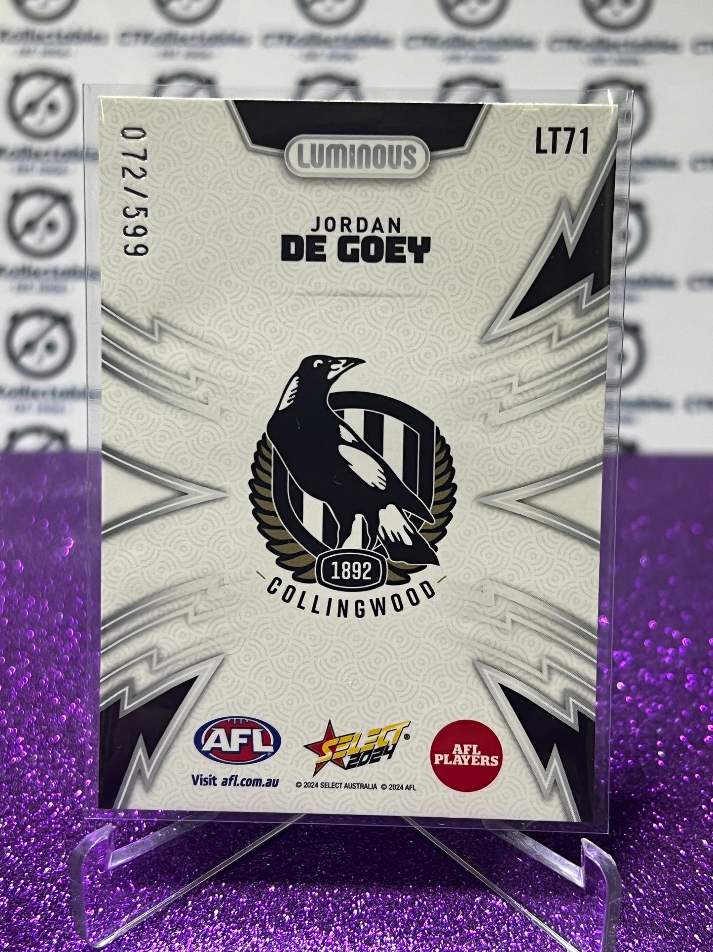 2024 AFL FOOTY STARS LUMINOUS THUNDERBOLT JORDAN DE GOEY # LT71 MAGPIES /599