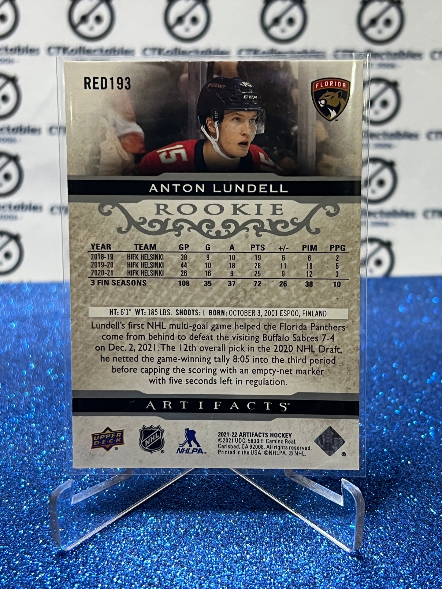 2021-22 UPPER DECK ARTIFACTS  ANTON LUNDELL # RED193 ROOKIE /999  FLORIDA PANTHERS HOCKEY CARD