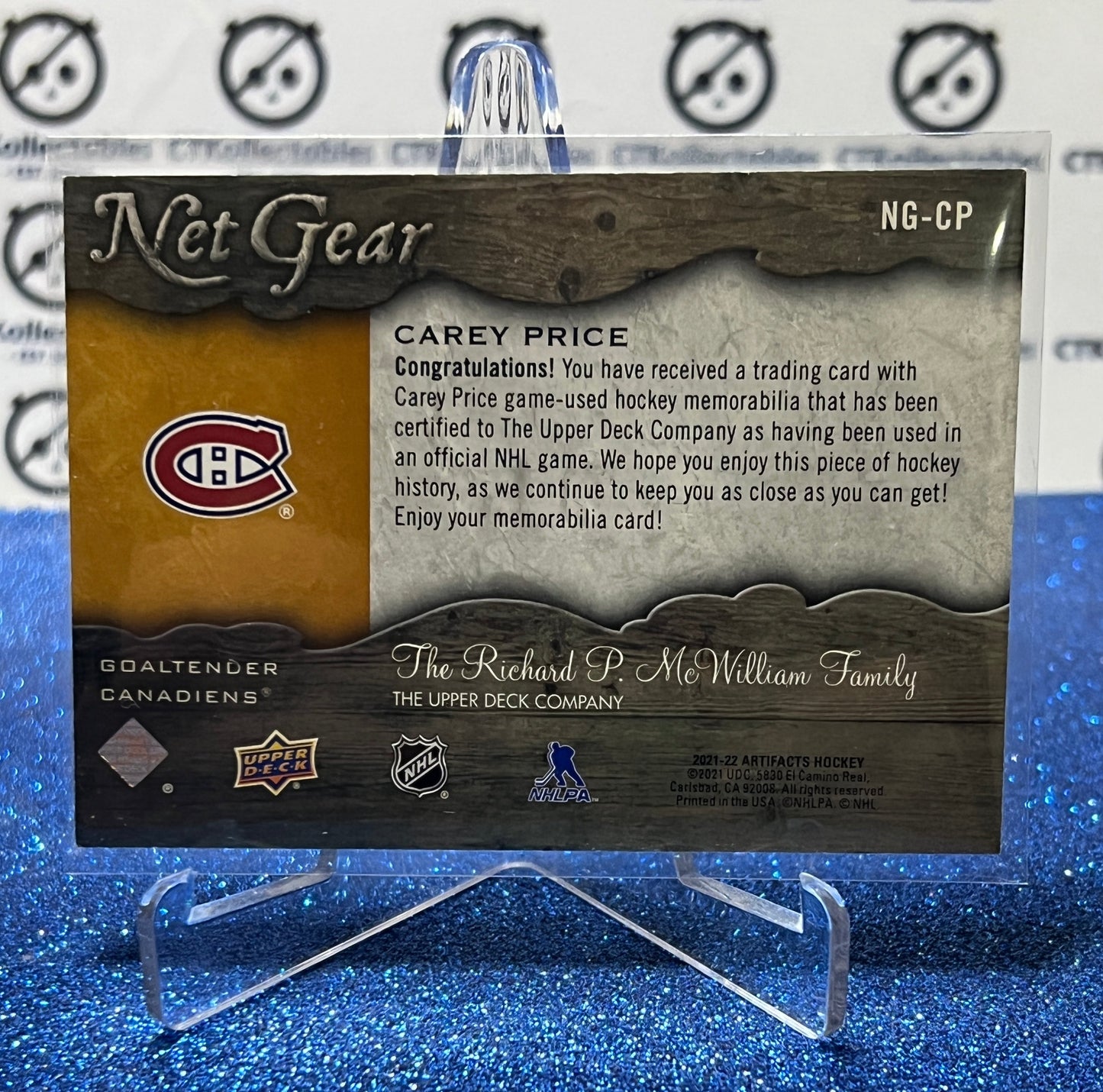 2021-22 UPPER DECK ARTIFACTS CAREY PRICE # NG-CP NET GEAR MONTREAL CANADIENS  HOCKEY CARD
