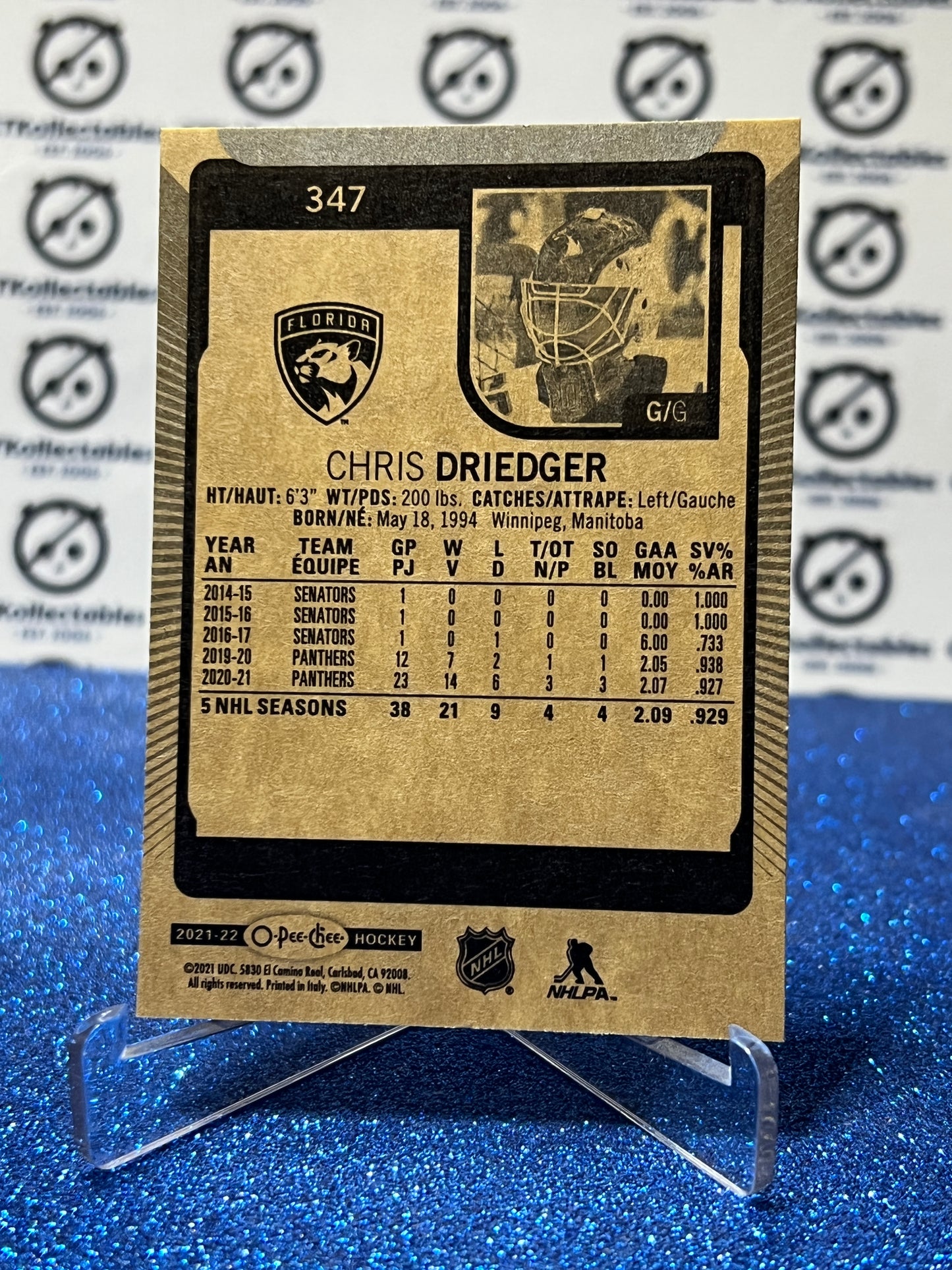 2021-22 O-PEE-CHEE CHRIS DRIEDGER # 347 FLORIDA PANTHERS NHL HOCKEY CARD