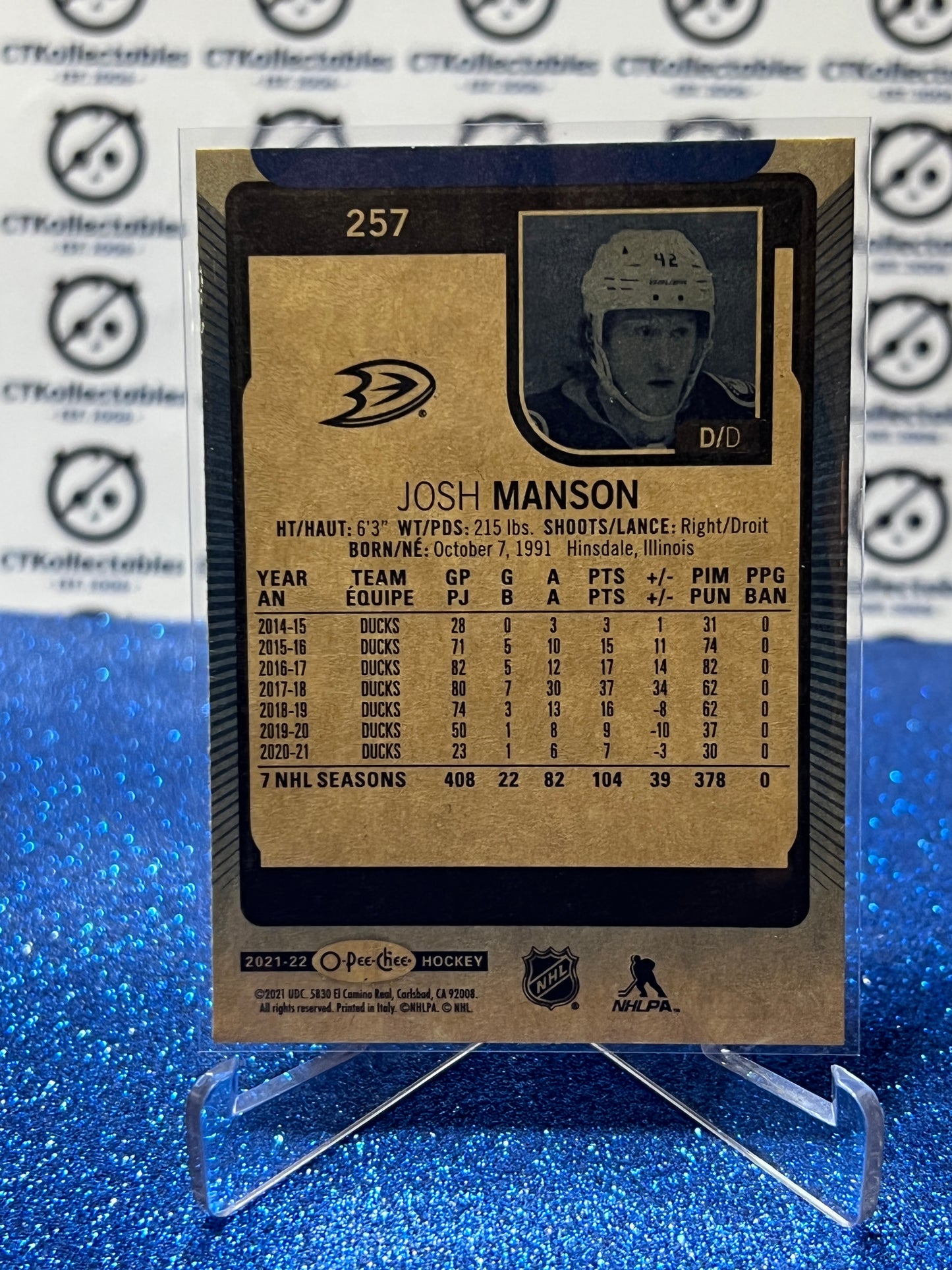 2021-22 O-PEE-CHEE JOSH MANSON # 257 BLUE ANAHEIM DUCKS HOCKEY CARD