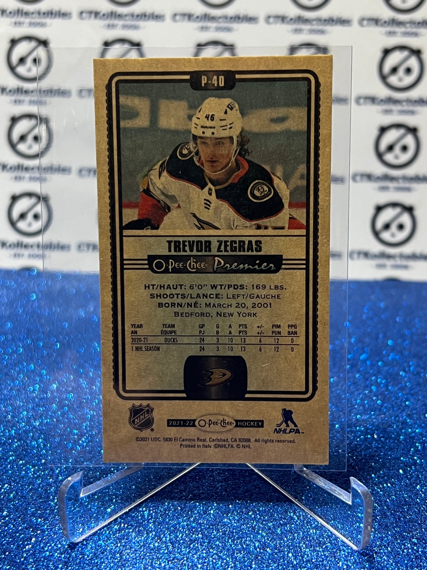 2021-22 O-PEE-CHEE TREVOR ZEGRAS # P-40 ROOKIE TALLBOYS ANAHEIM DUCKS HOCKEY CARD