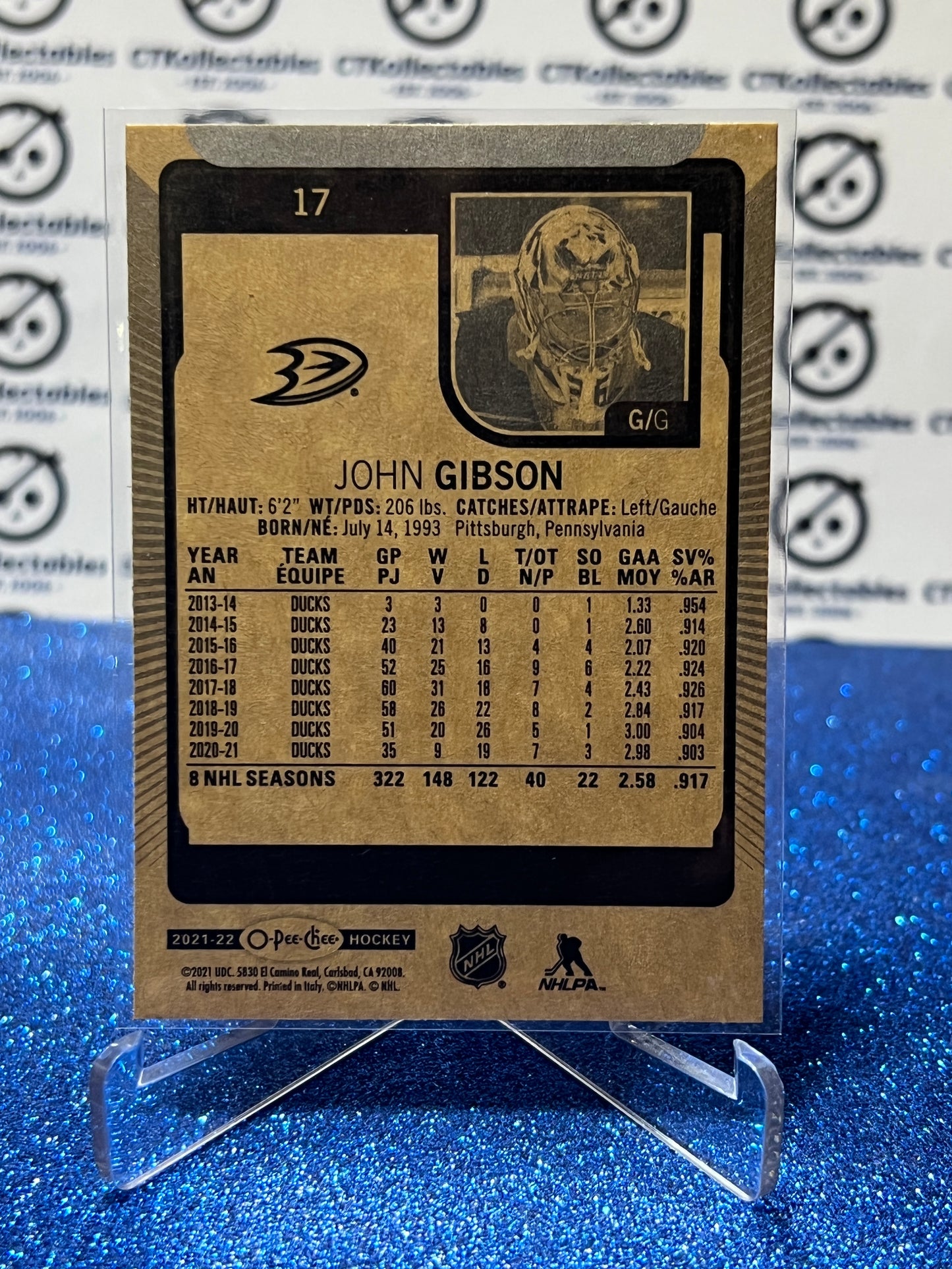 2021-22 O-PEE-CHEE JOHN GIBSON # 17 ANAHEIM DUCKS NHL HOCKEY CARD