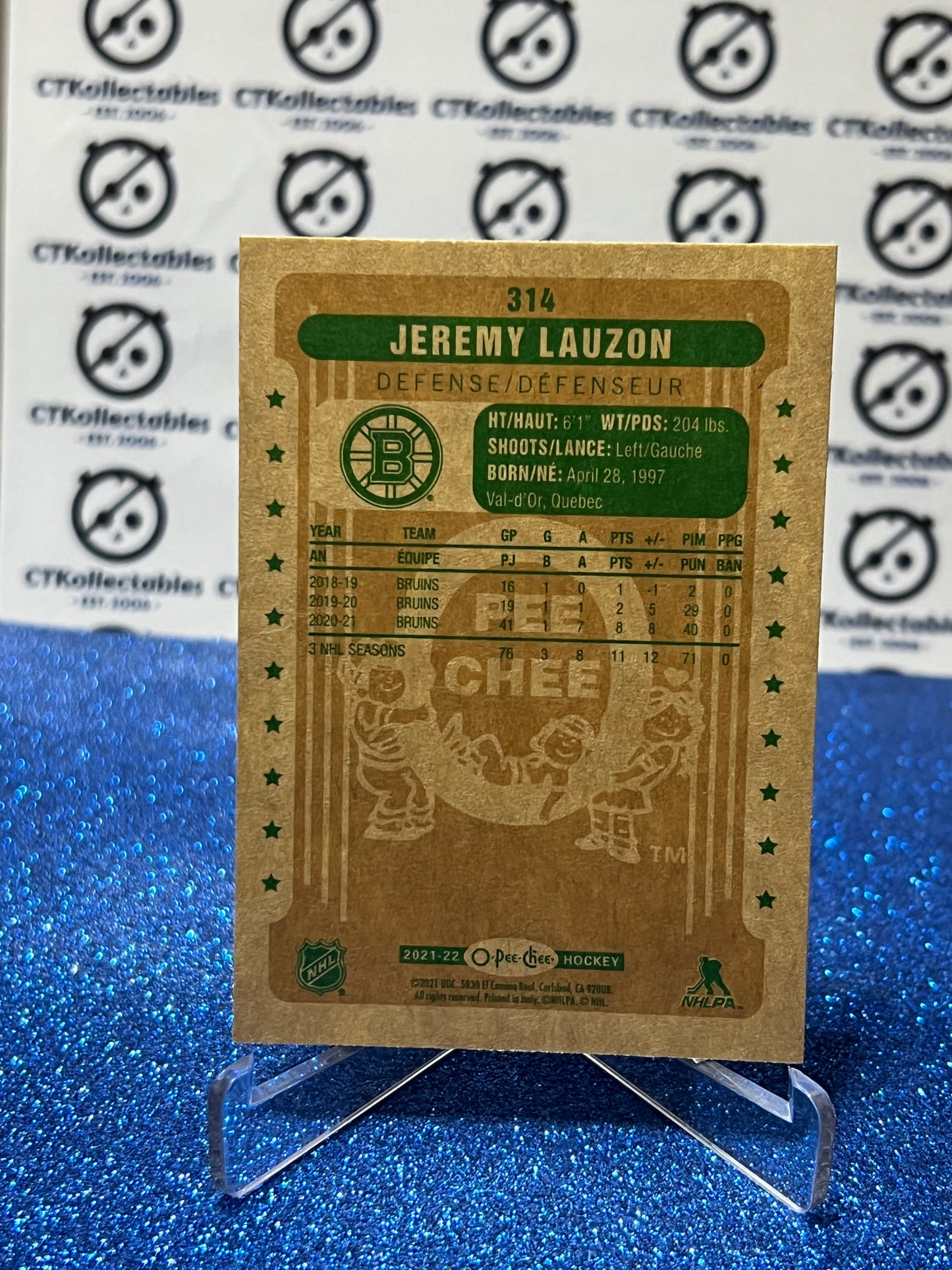 2021-22 O-PEE-CHEE JEREMY LAUZON # 314 RETRO BOSTON BRUINS NHL HOCKEY CARD