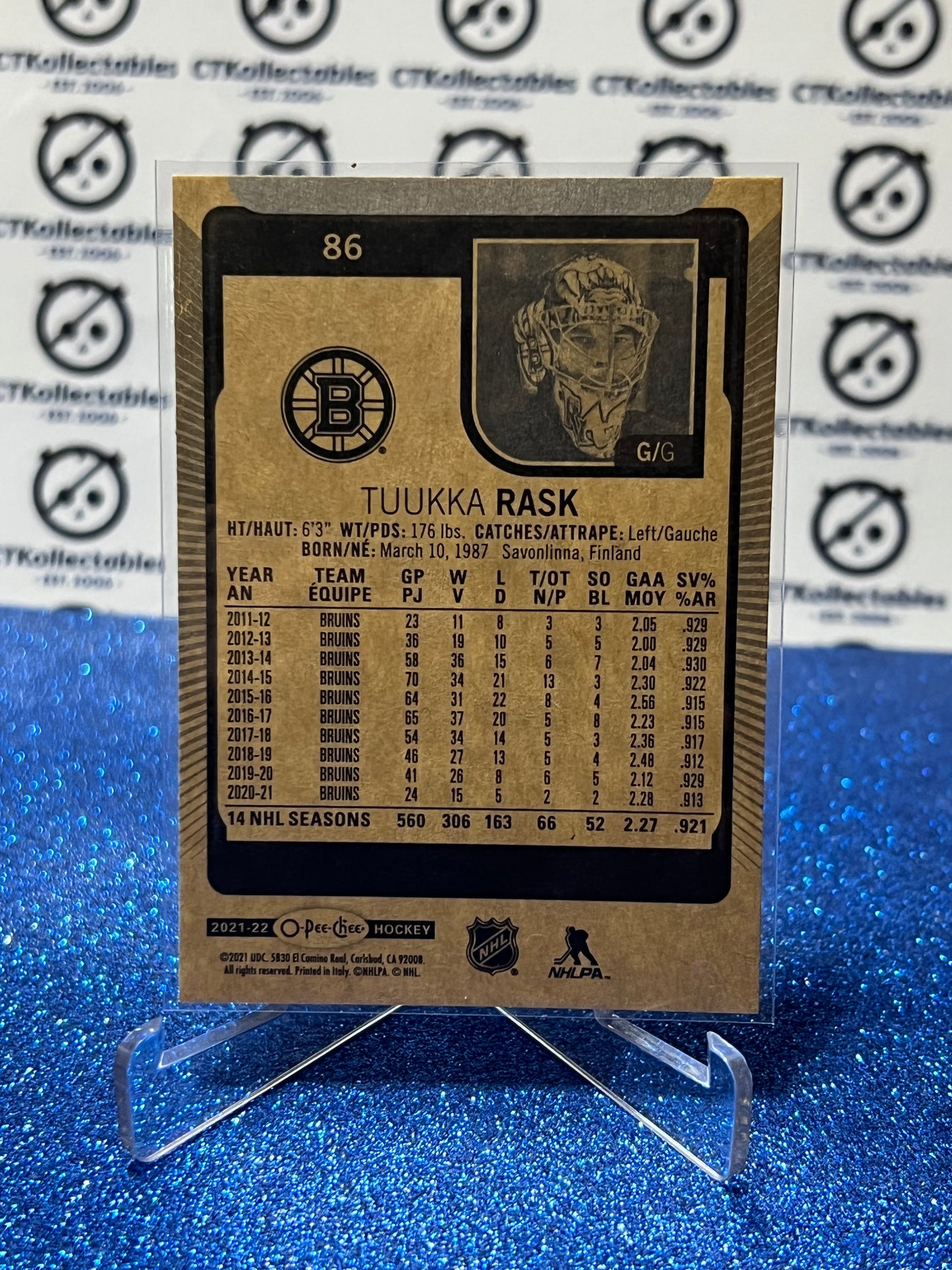 2021-22 O-PEE-CHEE TUUKKA RASK # 86 BOSTON BRUINS NHL HOCKEY CARD