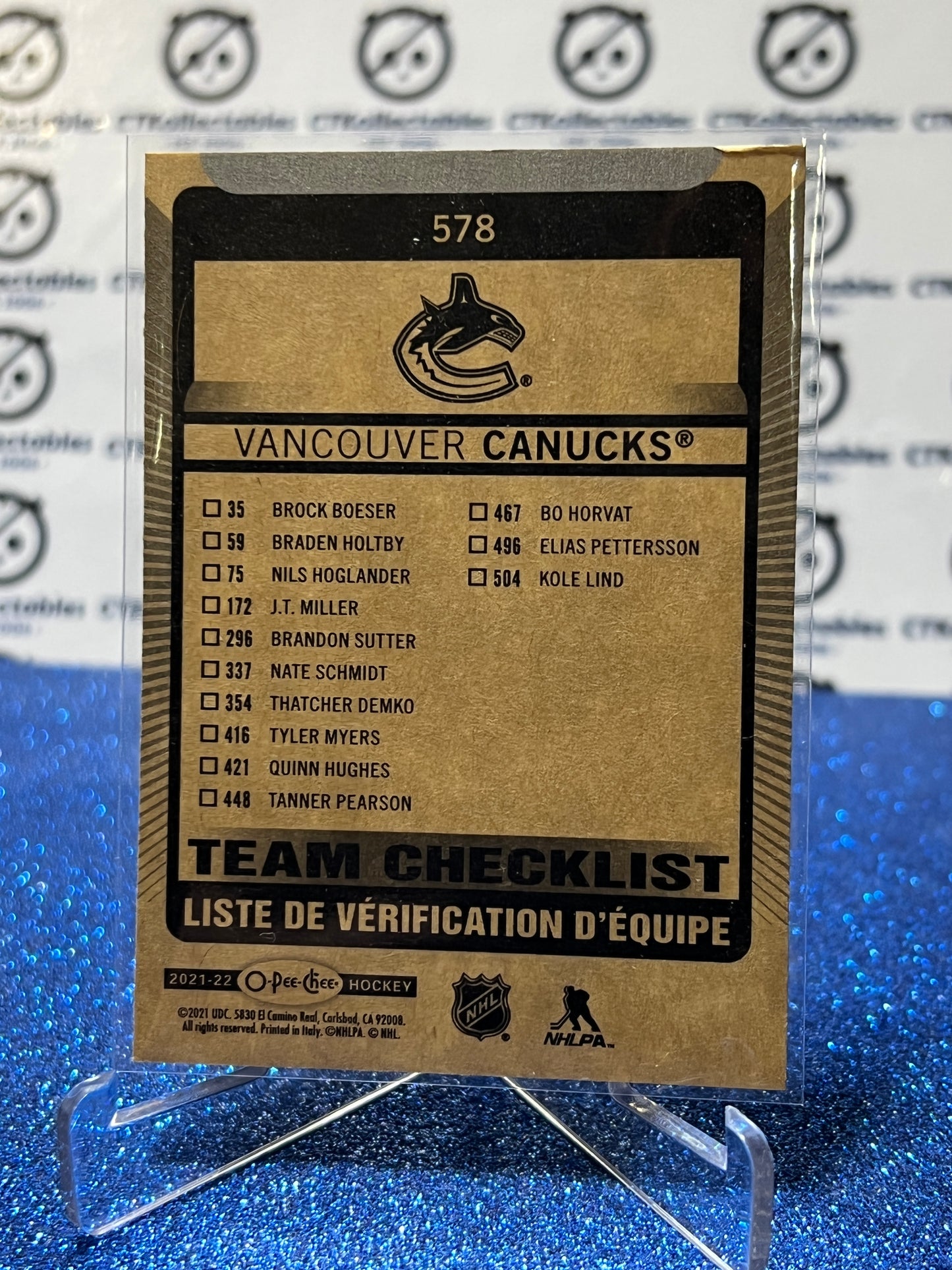 2021-22  O-PEE-CHEE TEAM CHECKLIST # 578 VANCOUVER CANUCKS NHL HOCKEY TRADING CARD