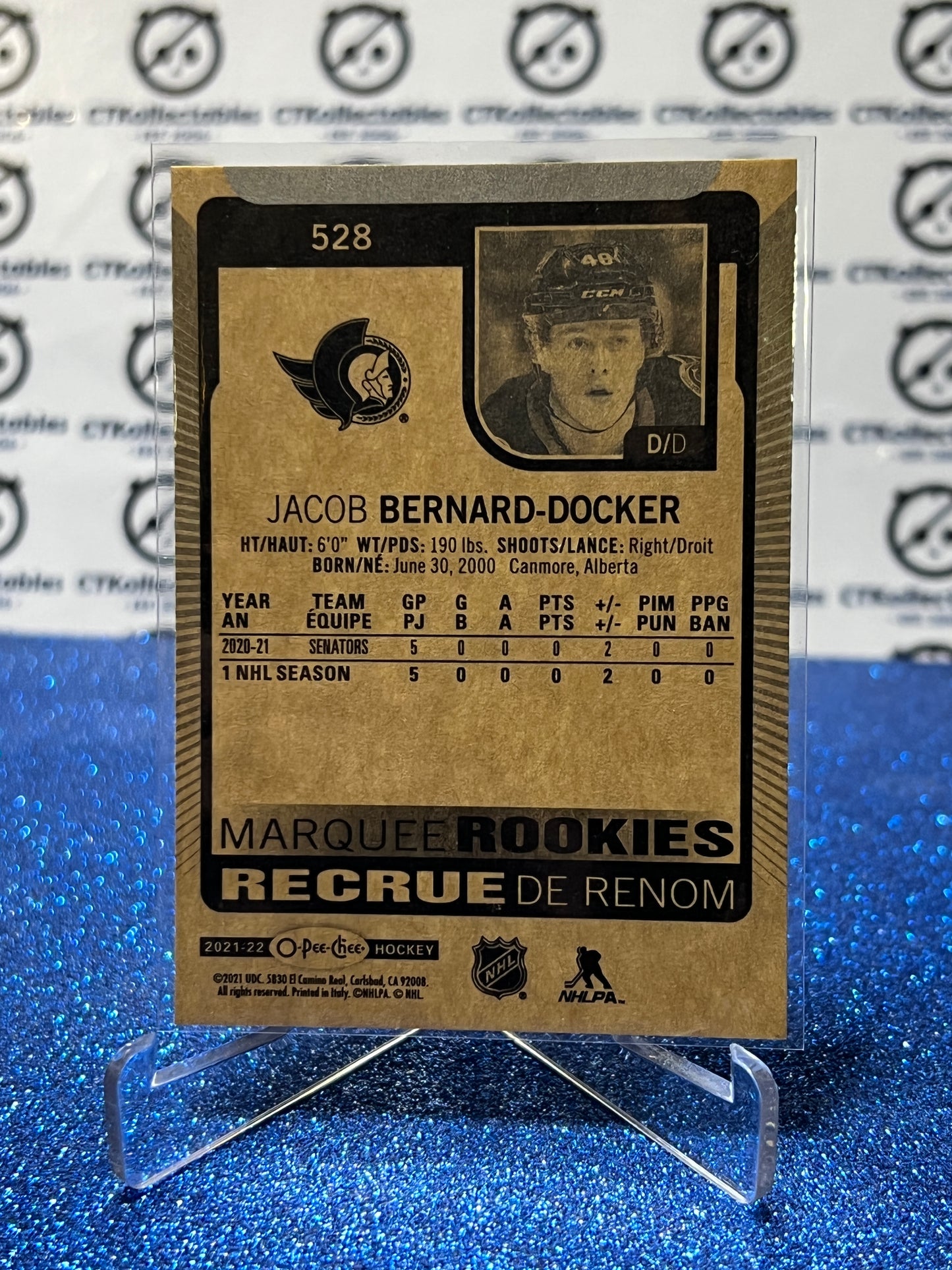 2021-22  O-PEE-CHEE JACOB BERNARD-DOCKER # 528 MARQUEE ROOKIE OTTAWA SENATORS NHL HOCKEY TRADING CARD