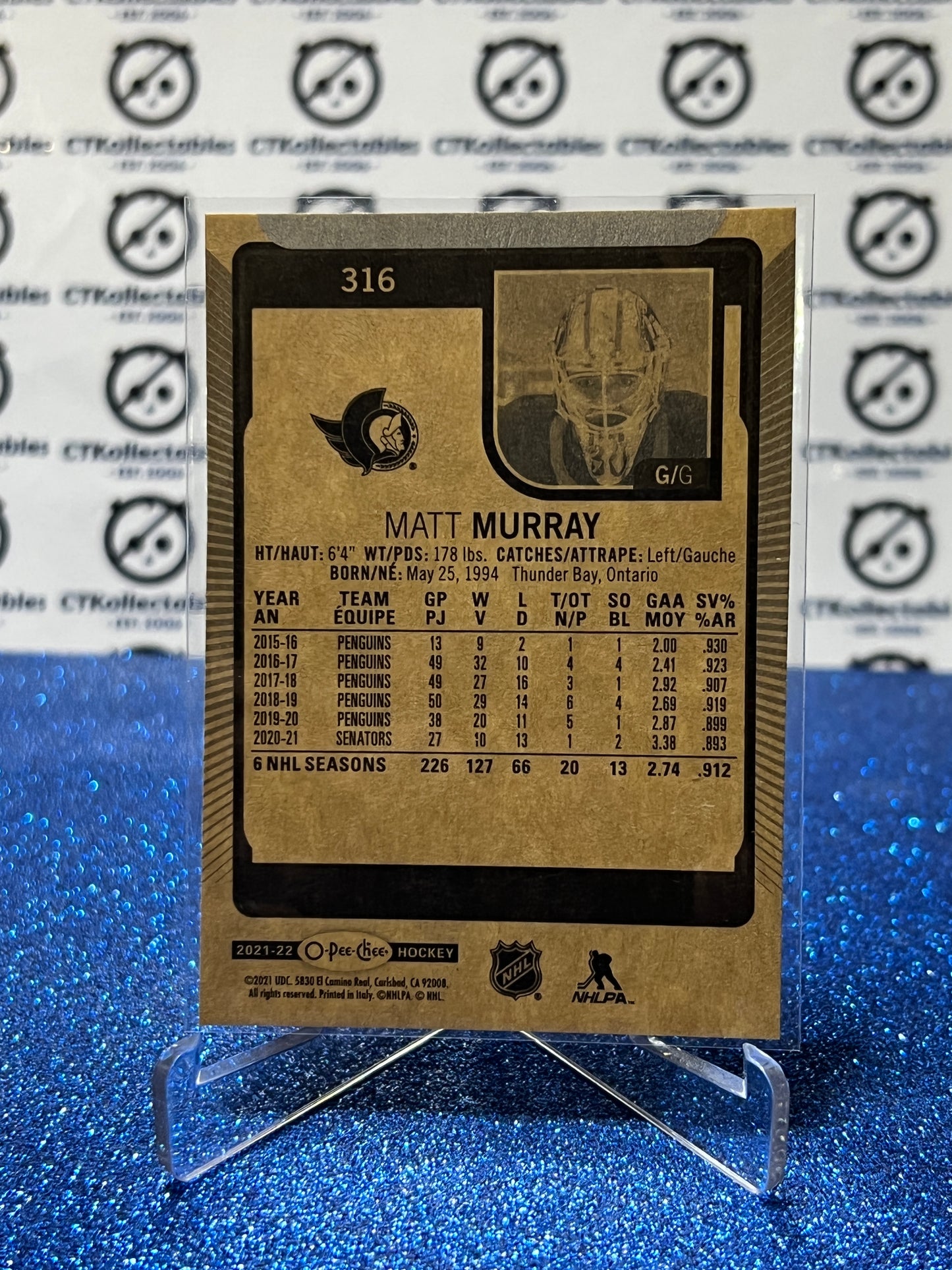 2021-22  O-PEE-CHEE MATT MURRAY # 316 OTTAWA SENATORS NHL HOCKEY TRADING CARD