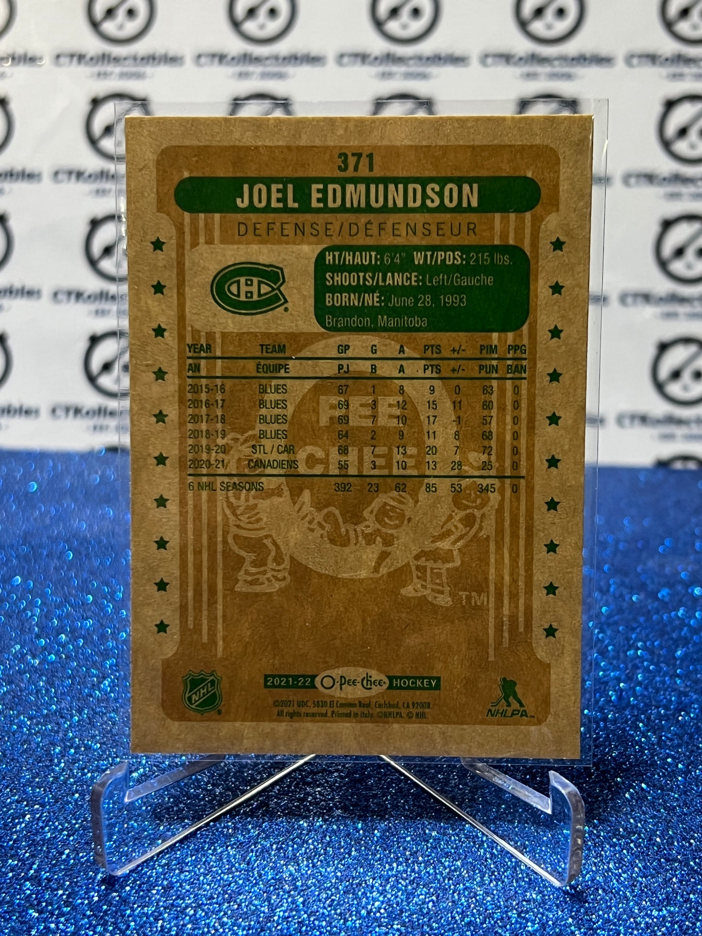 2021-22  O-PEE-CHEE JOEL EDMUNDSON # 371 RETRO MONTREAL CANADIENS NHL HOCKEY TRADING CARD