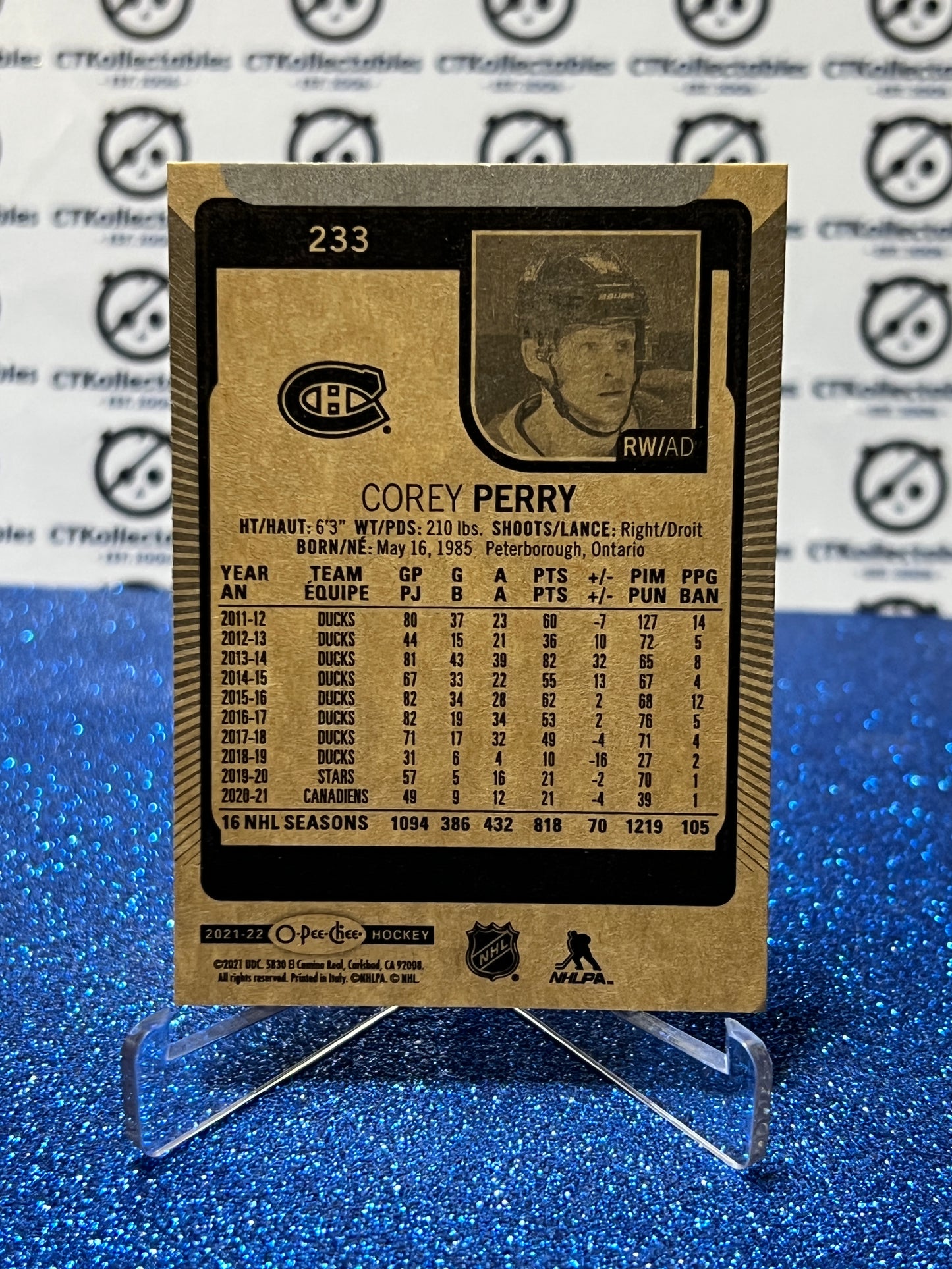 2021-22  O-PEE-CHEE COREY PERRY # 233 MONTREAL CANADIENS NHL HOCKEY TRADING CARD