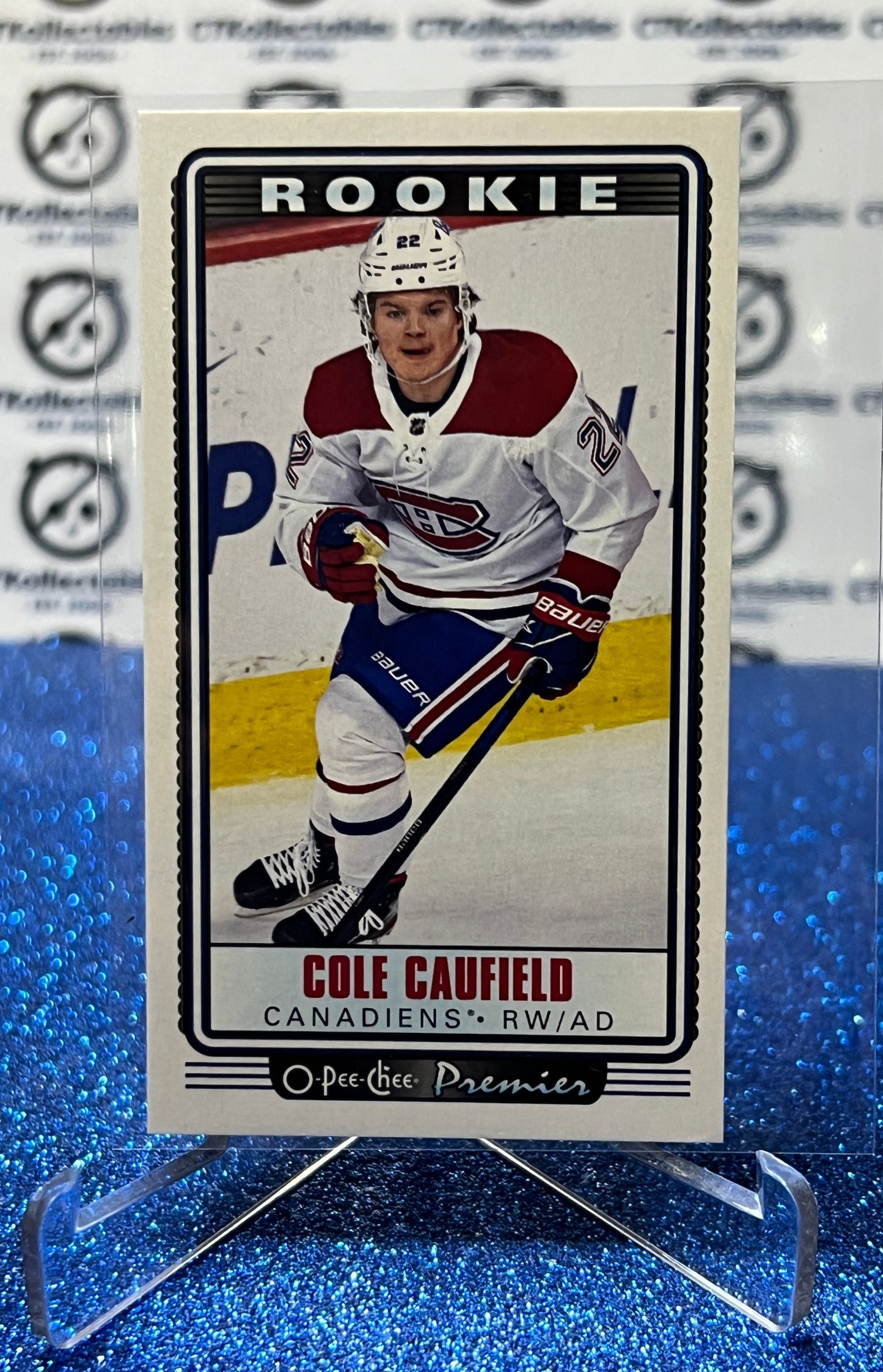 2021-22 O-PEE-CHEE PREMIER COLE CAUFIELD # P-37  ROOKIE TALLBOY MONTREAL CANADIENS HOCKEY CARD