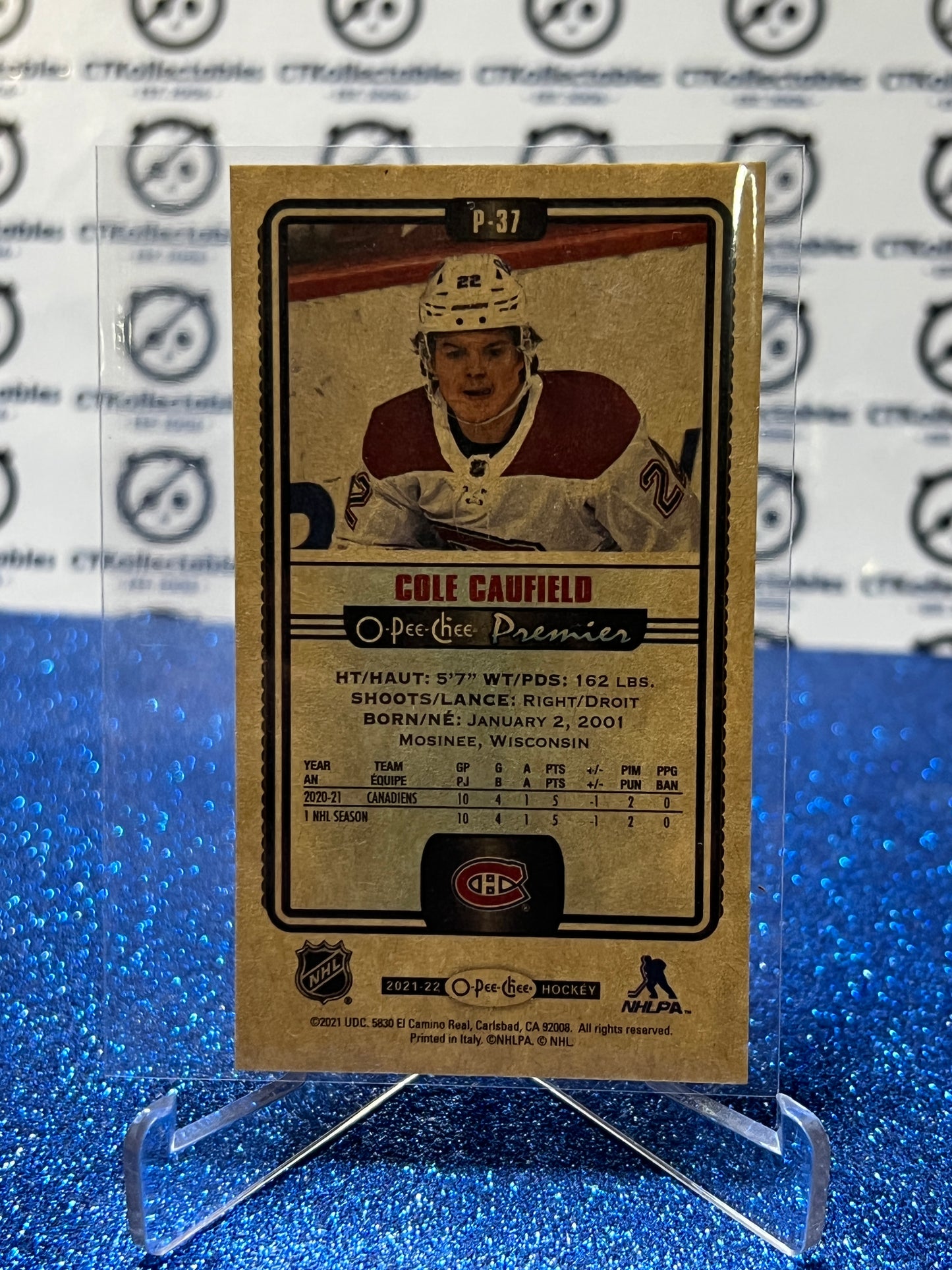 2021-22 O-PEE-CHEE PREMIER COLE CAUFIELD # P-37  ROOKIE TALLBOY MONTREAL CANADIENS HOCKEY CARD