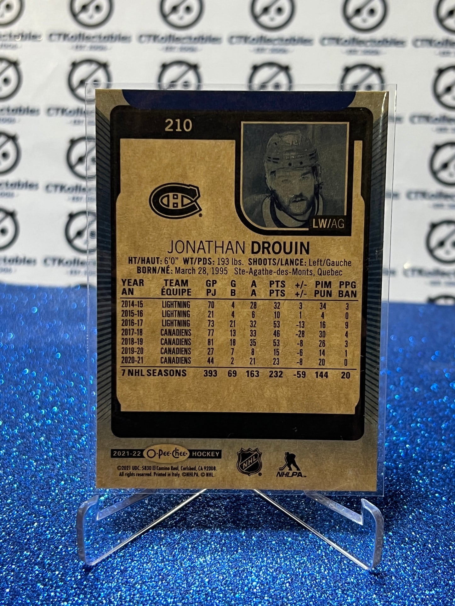 2021-22 O-PEE-CHEE JONATHAN DROUIN # 210 BLUE PARALLEL MONTREAL CANADIENS HOCKEY CARD