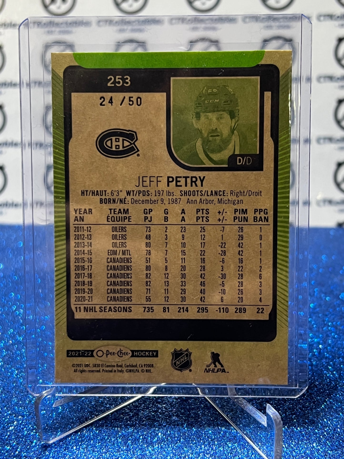 2021-22 O-PEE-CHEE JEFF PETRY # 253 GREEN /50 MONTREAL CANADIENS HOCKEY CARD