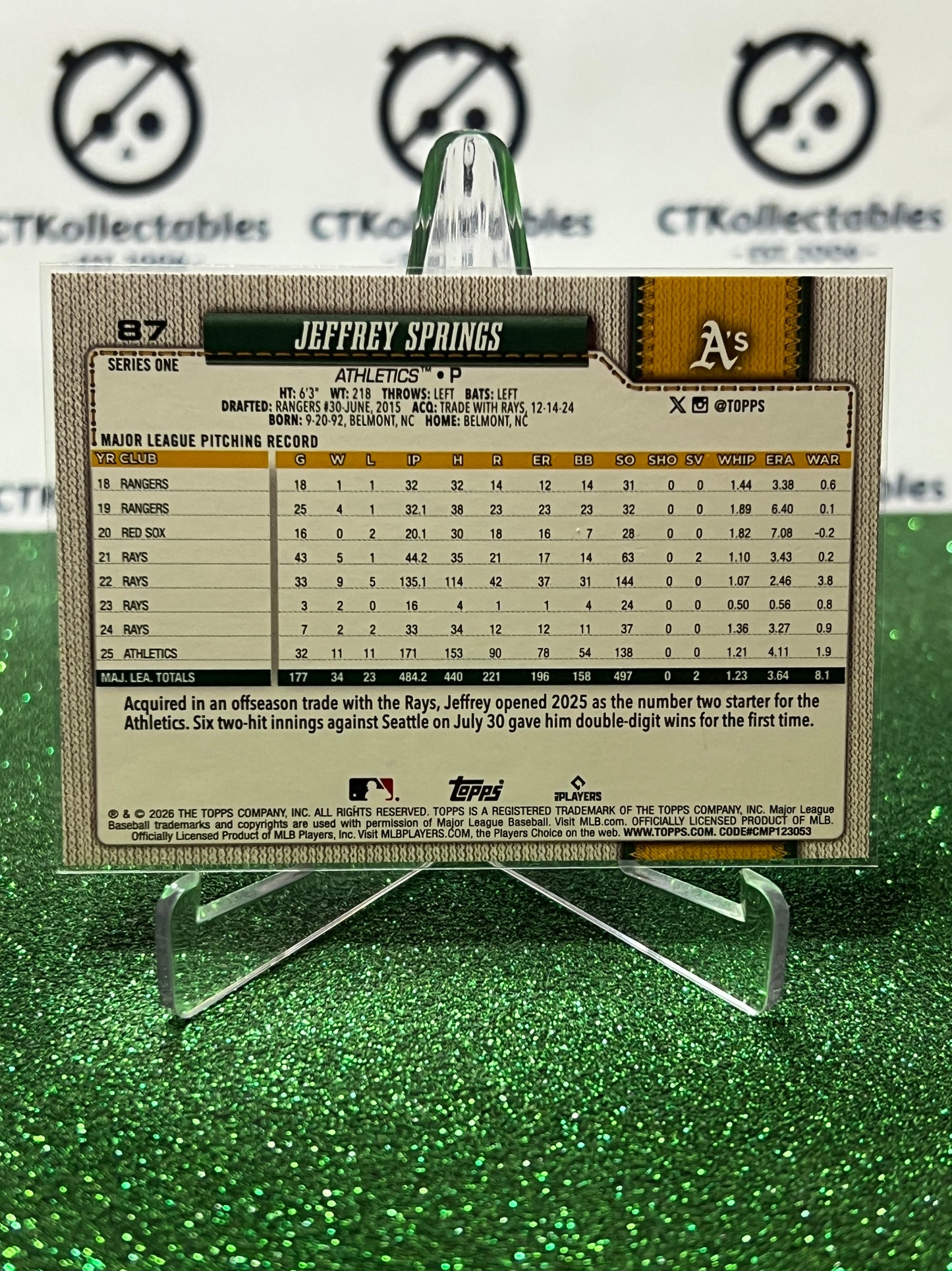 2026 TOPPS 75 JEFFREY SPRINGS # 87 OAKLAND ATHLETICS BASEBALL CARD