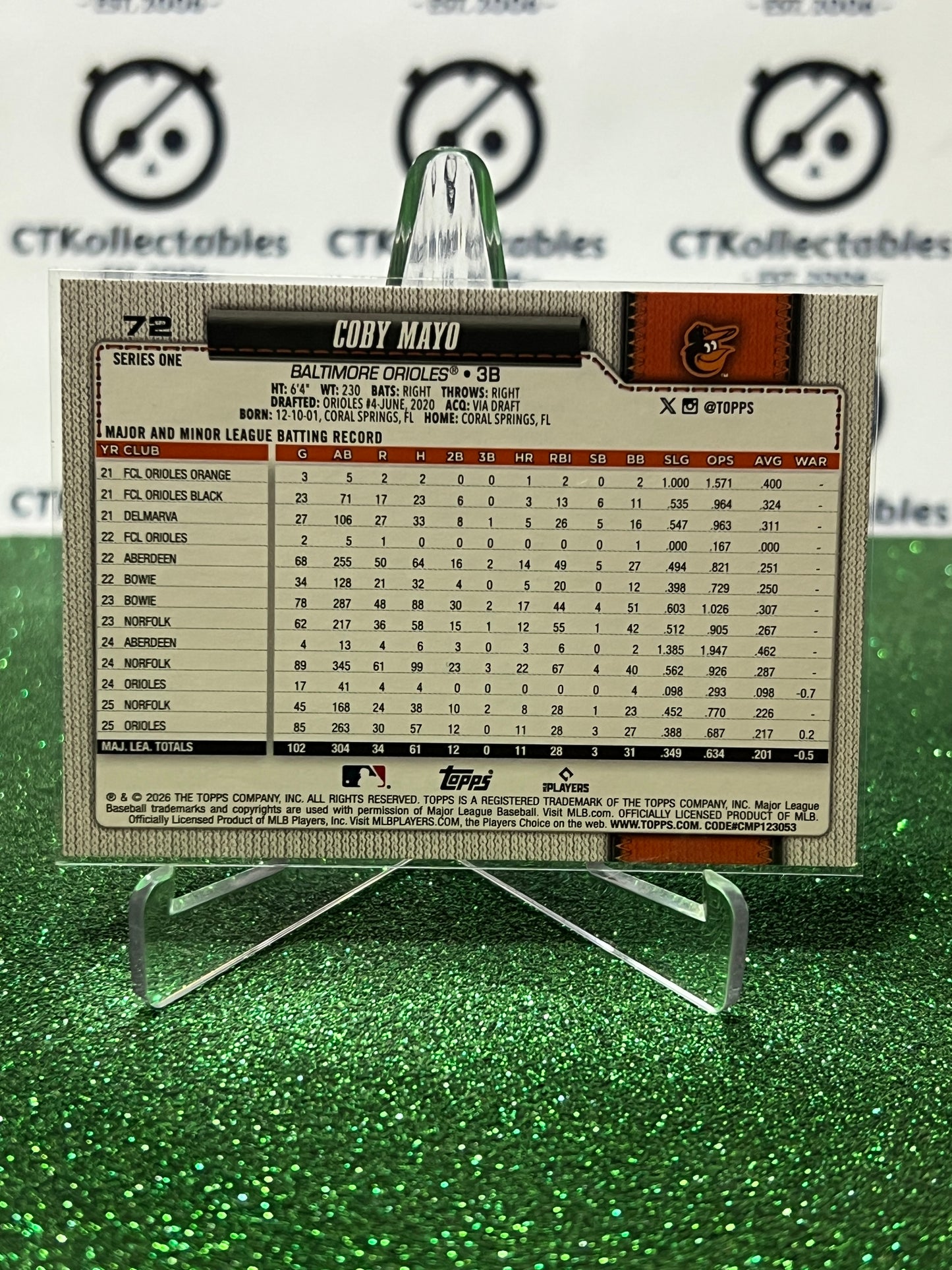 2026 TOPPS  75 COBY MAYO # 72 FUTURE STARS BALTIMORE ORIOLES BASEBALL CARD